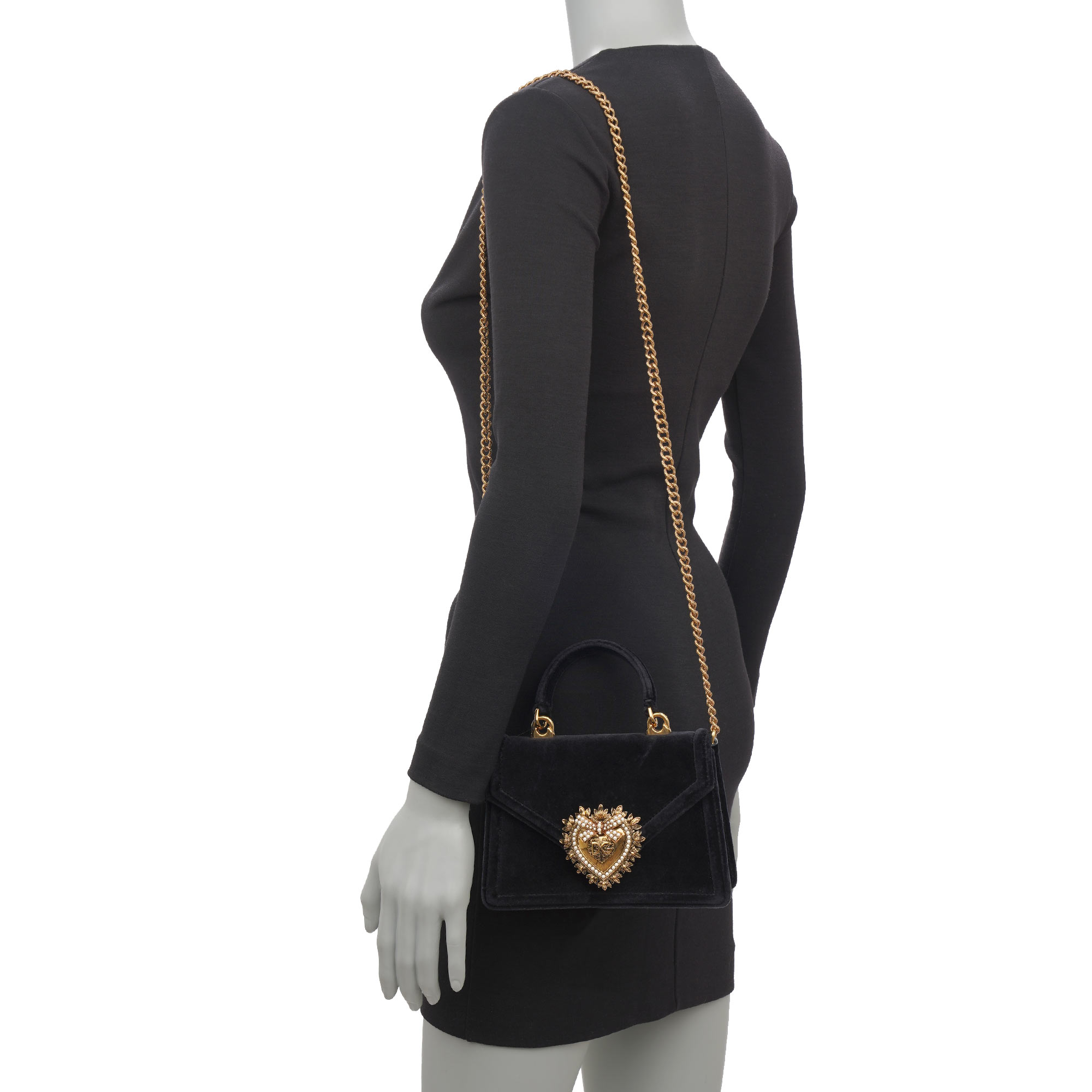 Top Handle / Crossbody Bag DEVOTION Small made of velvet with a jeweled heart buckle with DG Logo and detachable metal chain strap by DOLCE & GABBANA