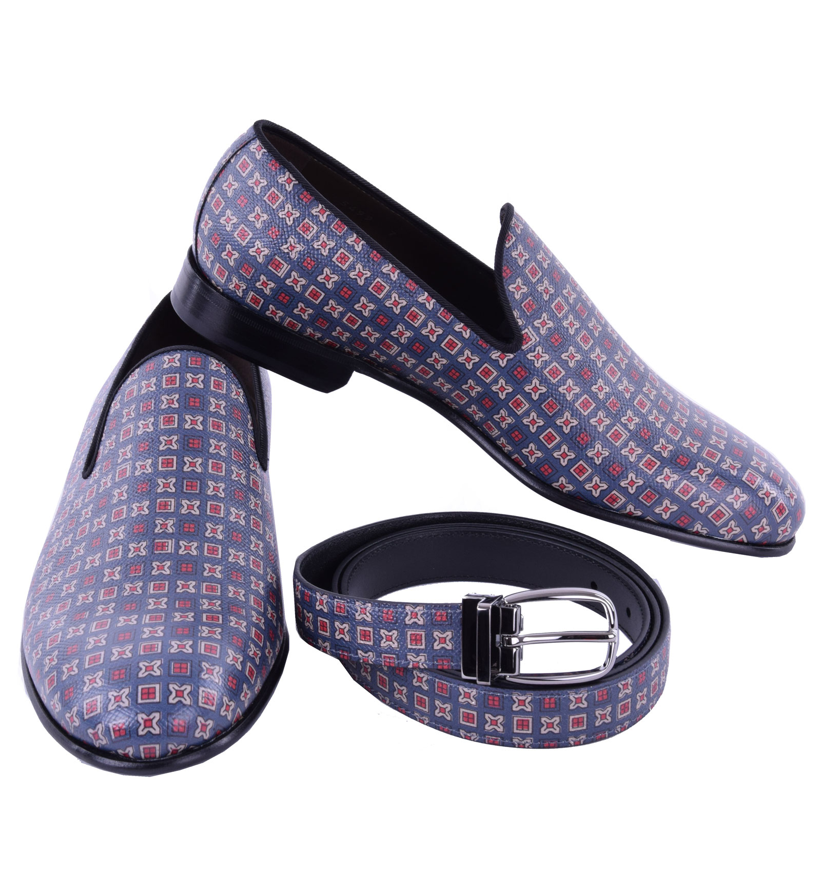 Dauphine Leder Loafer Schuhe MILANO und Gürtel Geschenkset Blau Rot