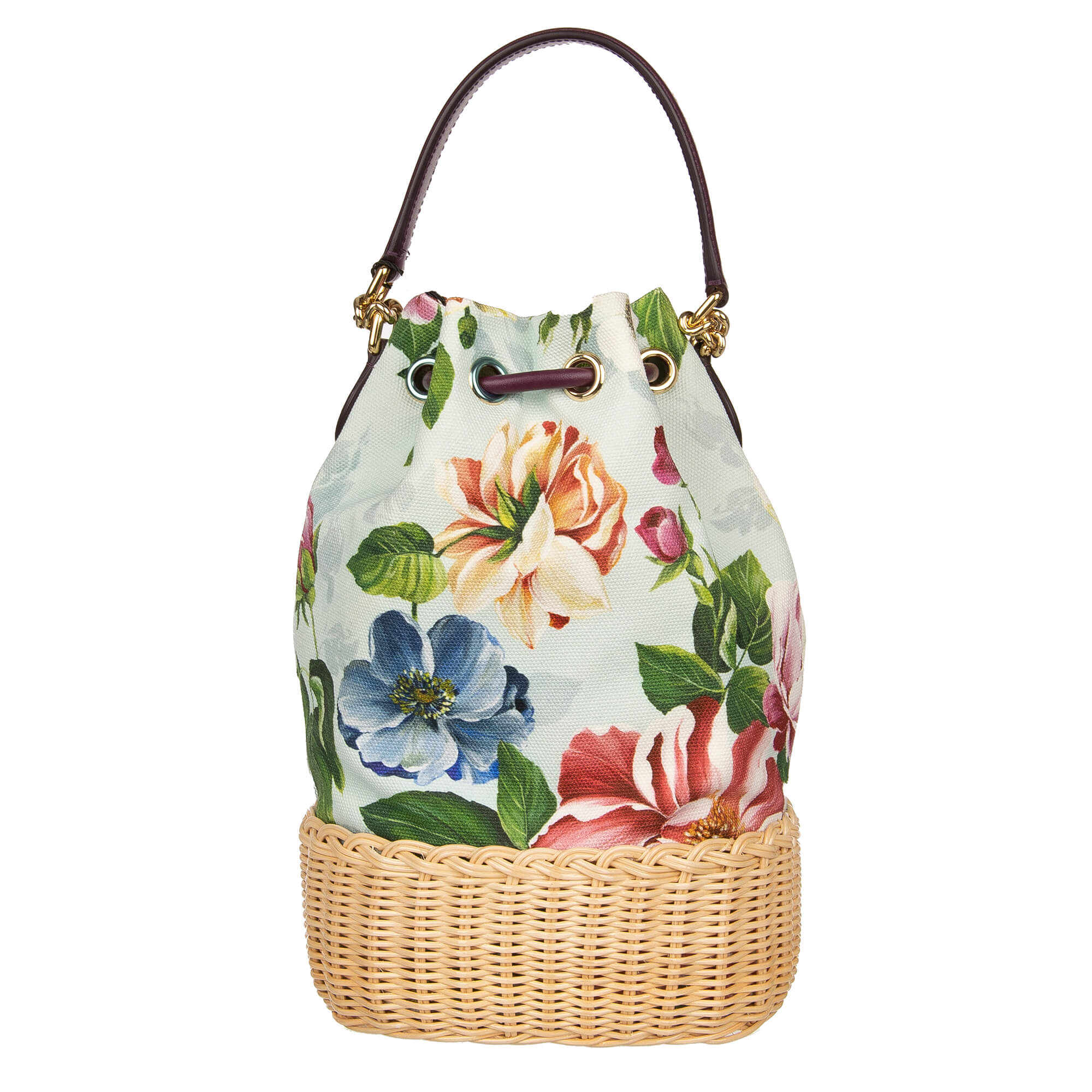 Beutel Tasche / Handtasche DG MILLENNIALS Bag aus Canvas und Wickel Stroh mit Blumen Print und Kordel Verschluss mit DG Logo von DOLCE & GABBANA