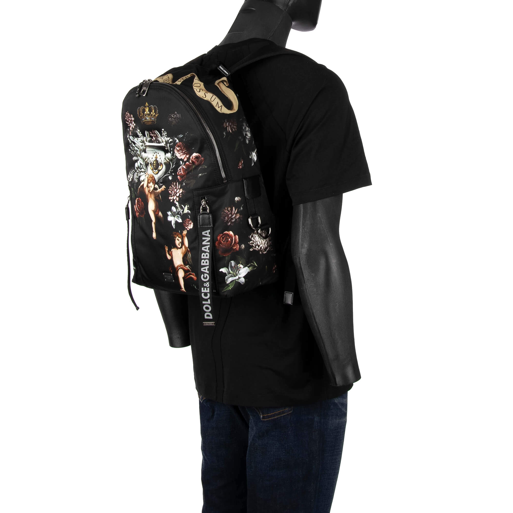 Rucksack "L'Amore e Bellezza" aus Nylon mit Herz, Engeln und Krone Applikationen, Außenfach und Logo Schild von DOLCE & GABBANA