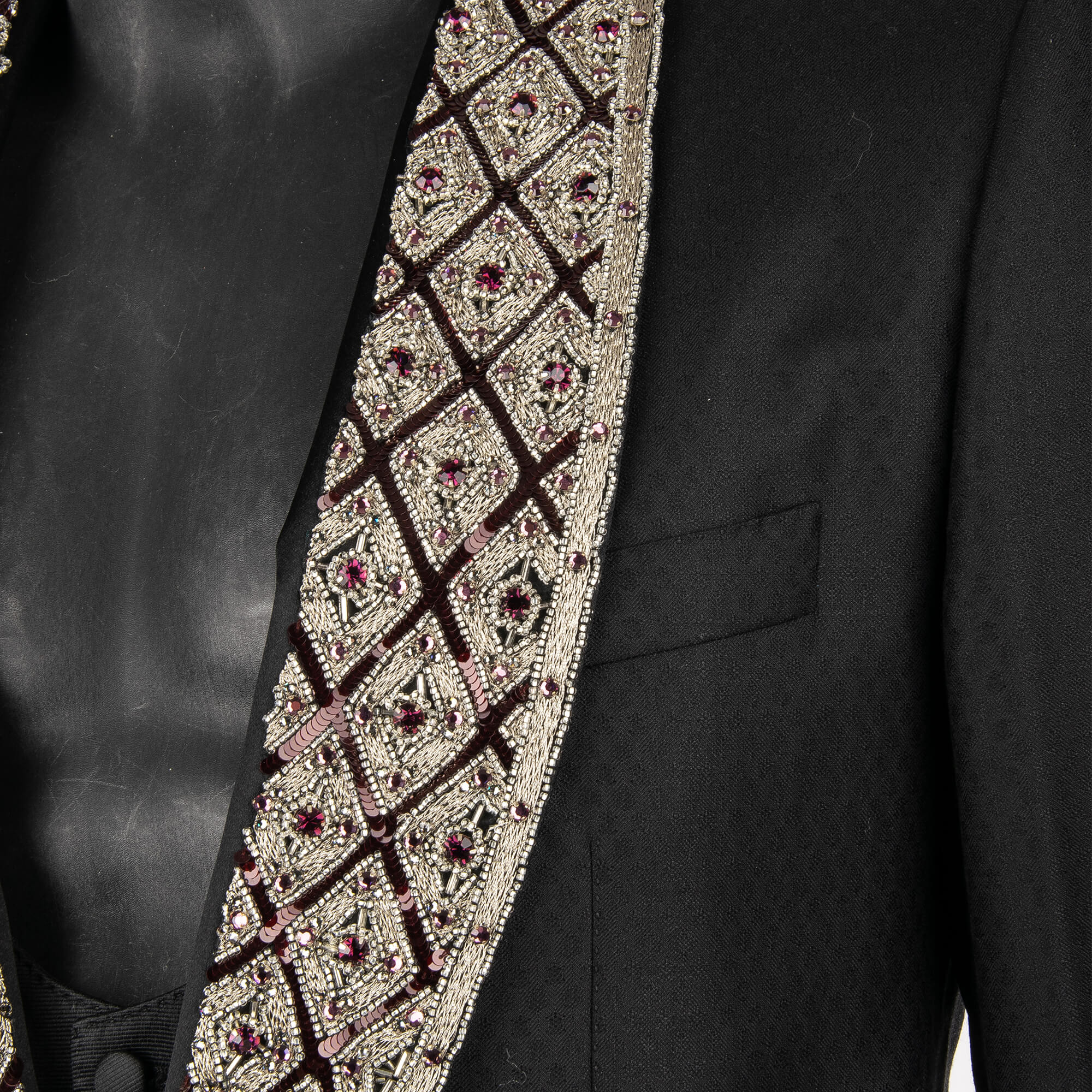 Wool an Silk Blend 3 piece suit with crystals, pearls and sequin embroidered shawl lapel in silver, purple and black by DOLCE & GABBANA