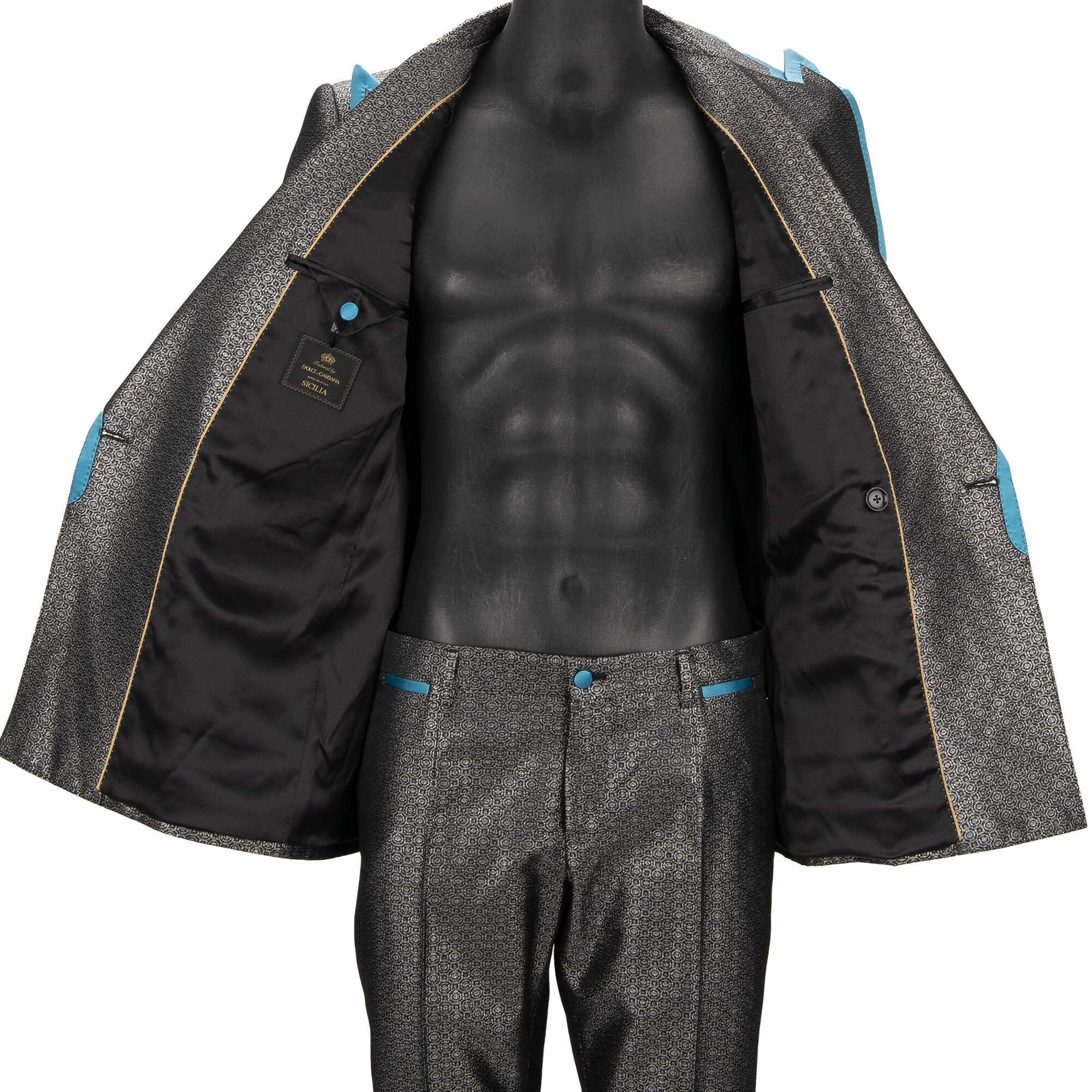 Metallic jacquard double-breasted suit with contrast peak lapel in silver, black and blue by DOLCE & GABBANA 