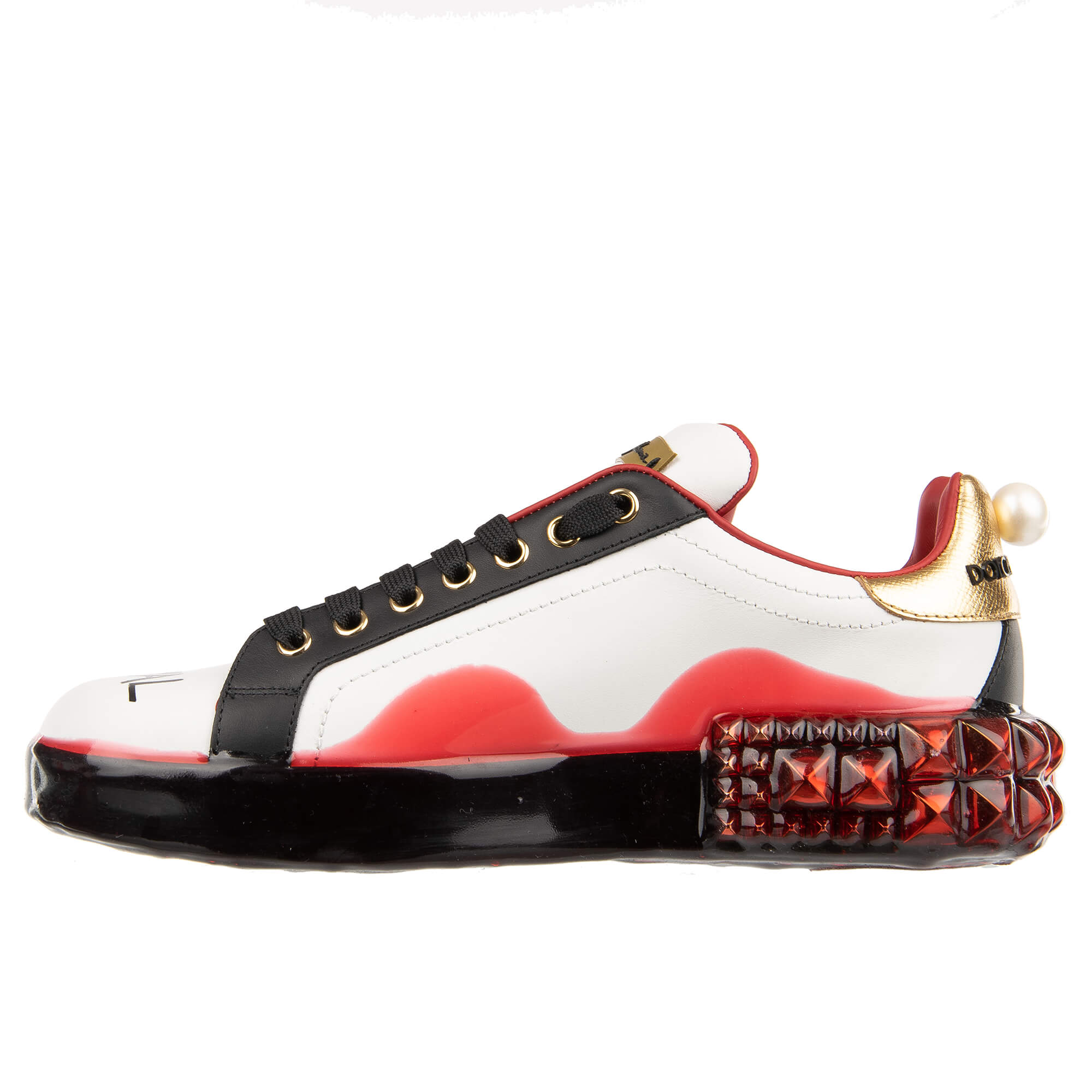 Leather Sneaker PORTOFINO with Pearls heart, studs, crystals, Royal Queen Graffiti and pearl on the back in black, gold, red and white by DOLCE & GABBANA
