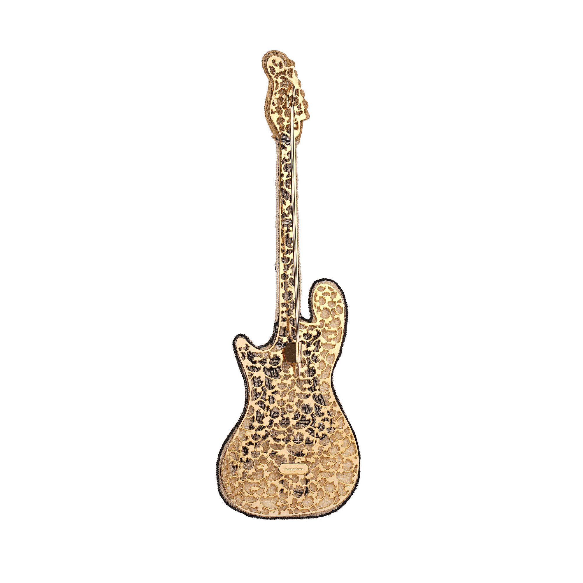 Herren Gitarre Brosche / Anstecknadel für Blazer mit Pailetten und Perlen Hand-Stickerei in Weiß, Schwarz und Gold von DOLCE & GABBANA