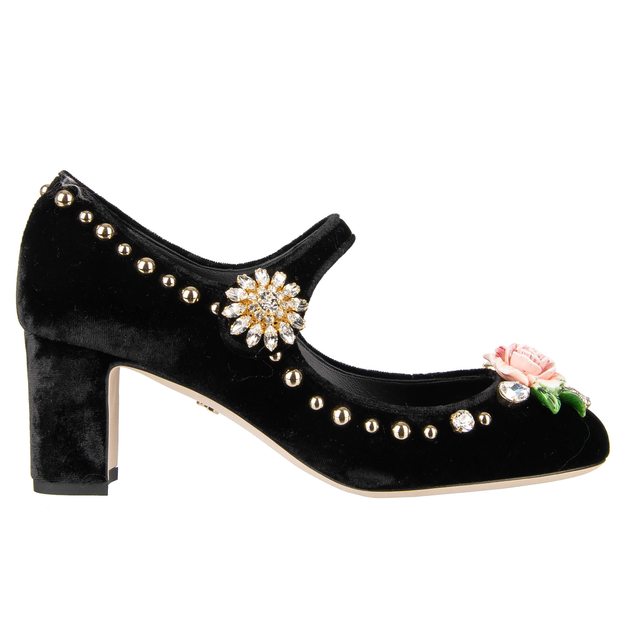 Elastic Velvet Mary Jane Pumps VALLY embellished with crystals, studs, large rose and crystals brooch by DOLCE & GABBANA