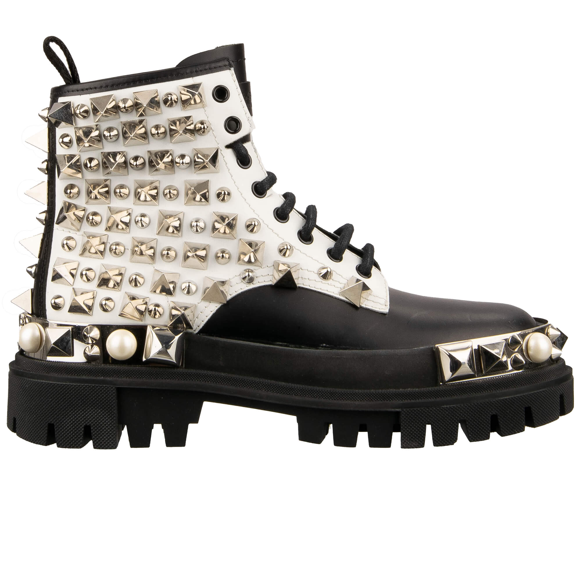 Combat Biker Plateau Stiefel mit Nieten, Perlen und Logo Schwarz Weiß 39 US 9