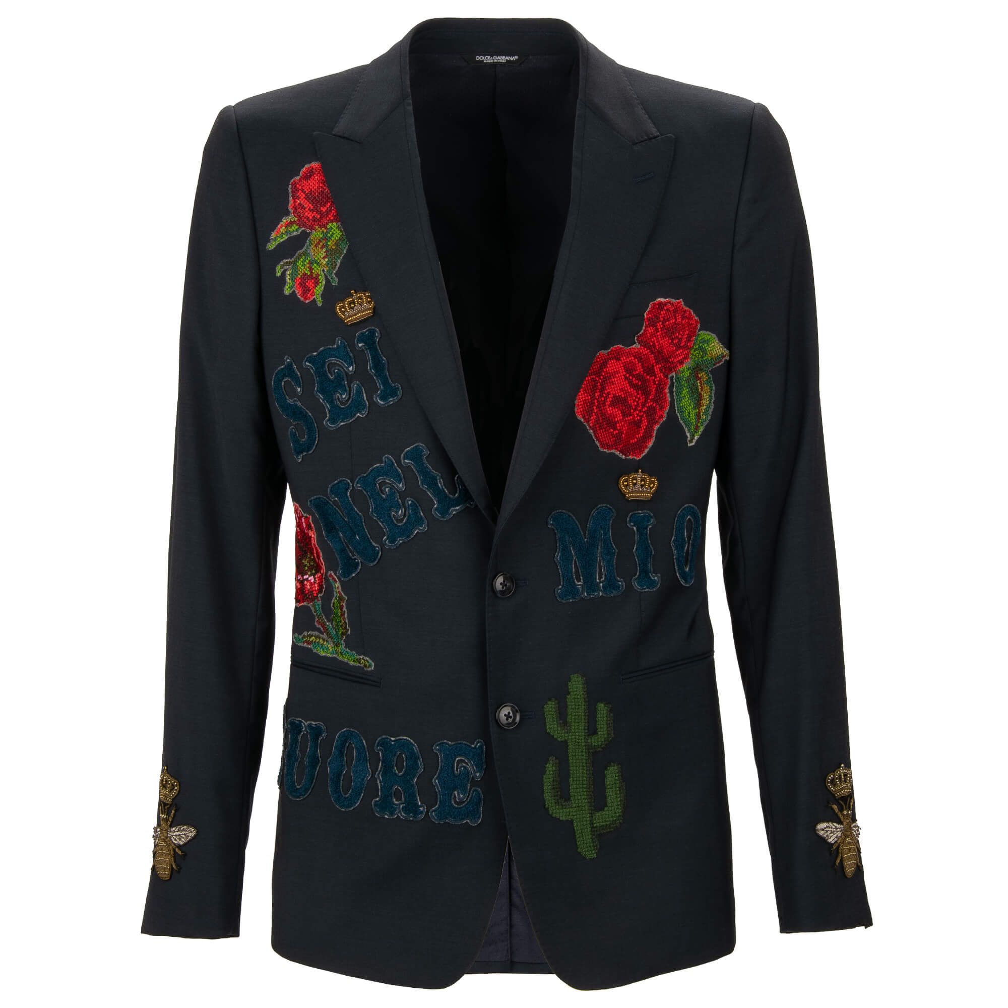 Rose Pearl Crown Bee Wool Blazer Jacket GOLD Blue 44 07036