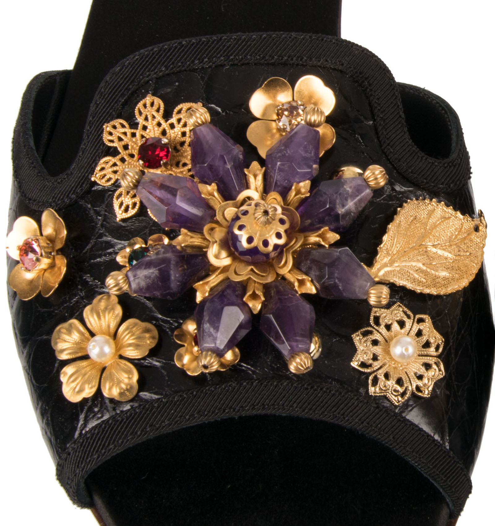 Crocodile Leather Slide Sandals BIANCA embellished with crystals and brass brooch in black by DOLCE & GABBANA