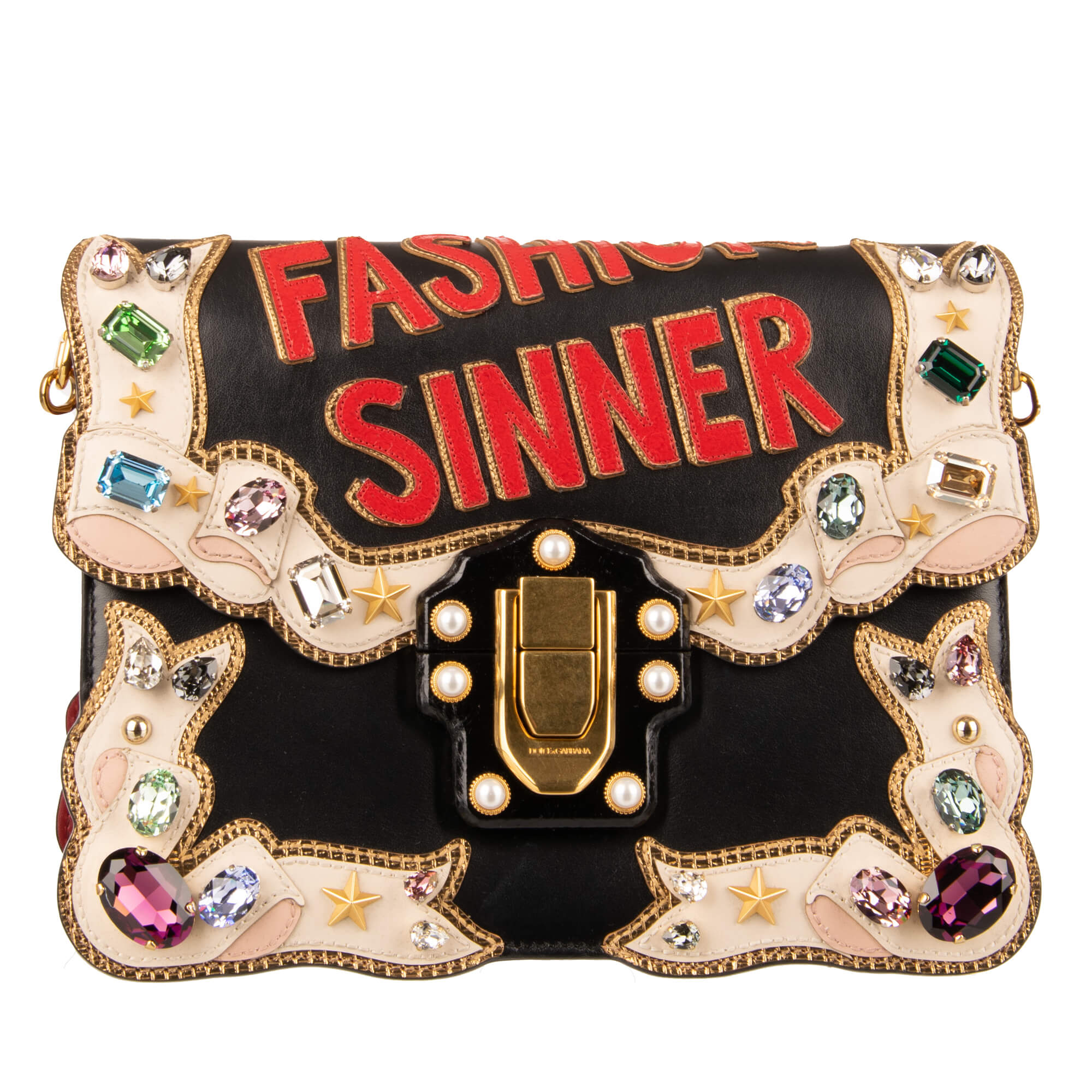 Beschmückte Schultertasche LUCIA Fashion Sinner mit mehrfarbigen Kristallen, Nieten, DG Logo, besticktem Schulterriemen "Queen of Love" von DOLCE & GABBANA