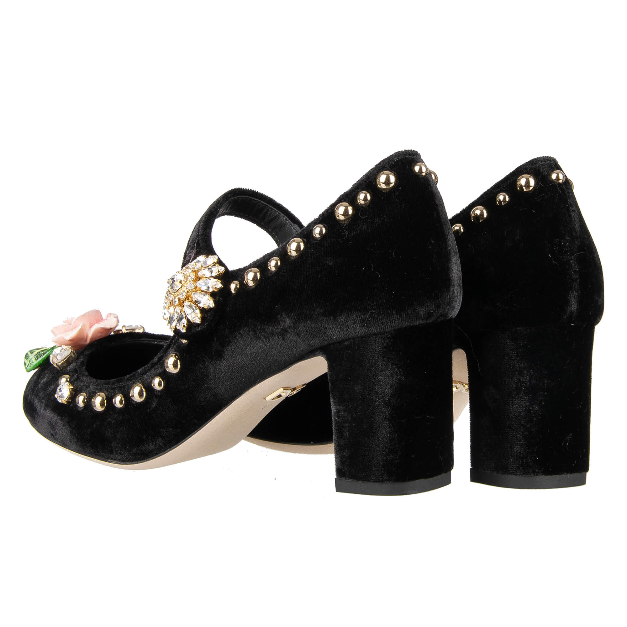 Elastic Velvet Mary Jane Pumps VALLY embellished with crystals, studs, large rose and crystals brooch by DOLCE & GABBANA
