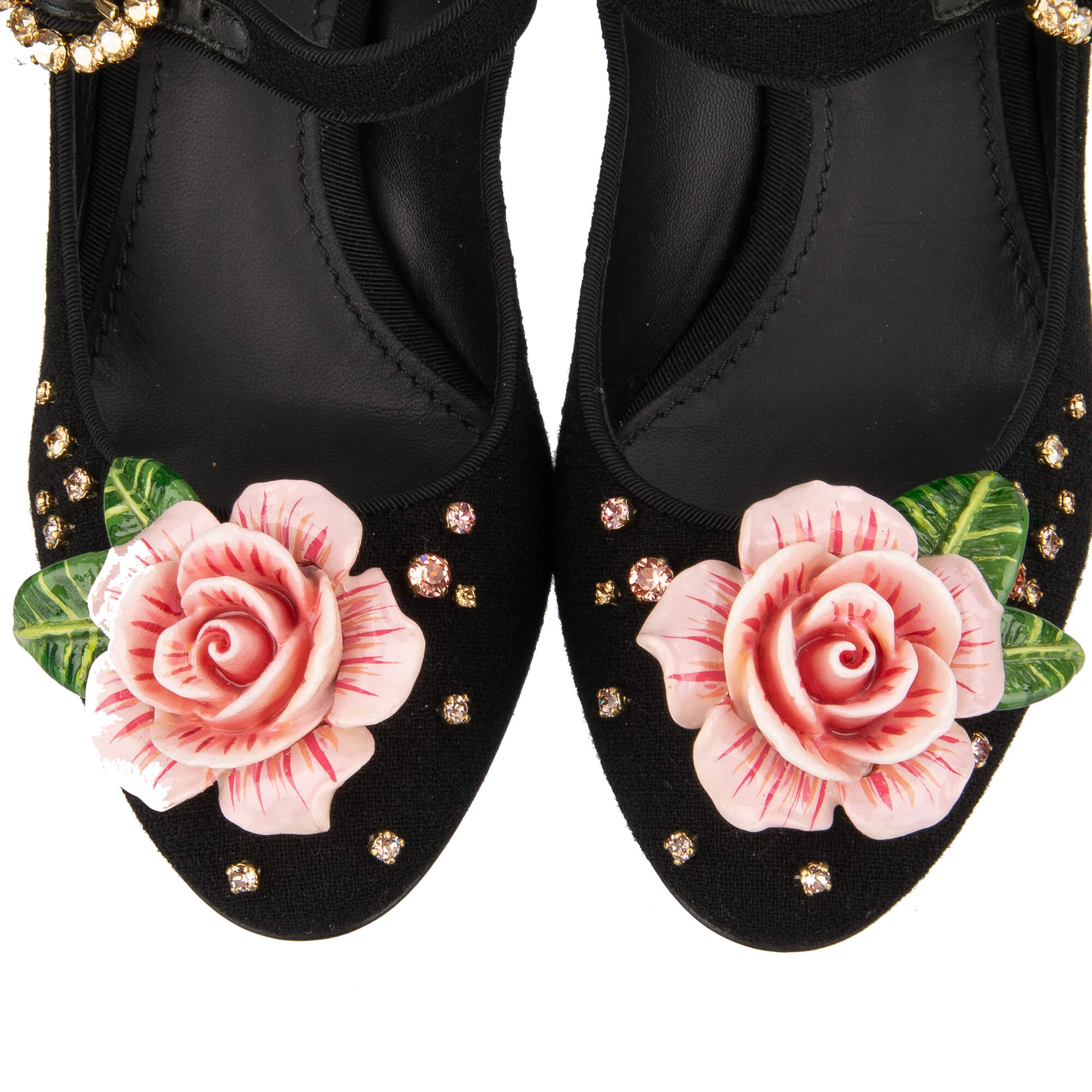 Stoff und Leder Mary Jane Pumps VALLY mit Handbemahlter Rose und Kristallen Schnalle von DOLCE & GABBANA