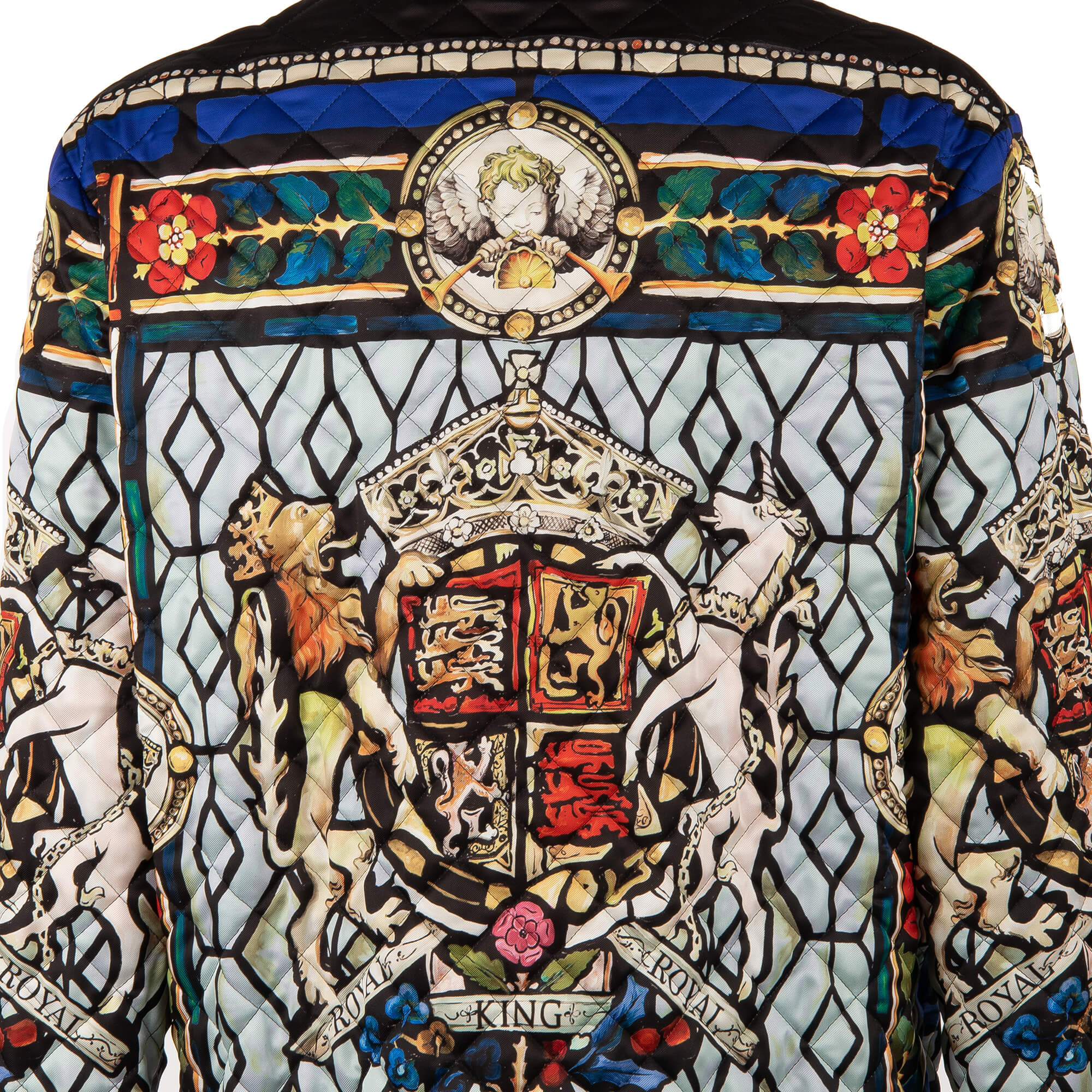 Quilted silk Royal King jacket with heraldry, lions, crowns and flowers print, pockets and snap button closure by DOLCE & GABBANA