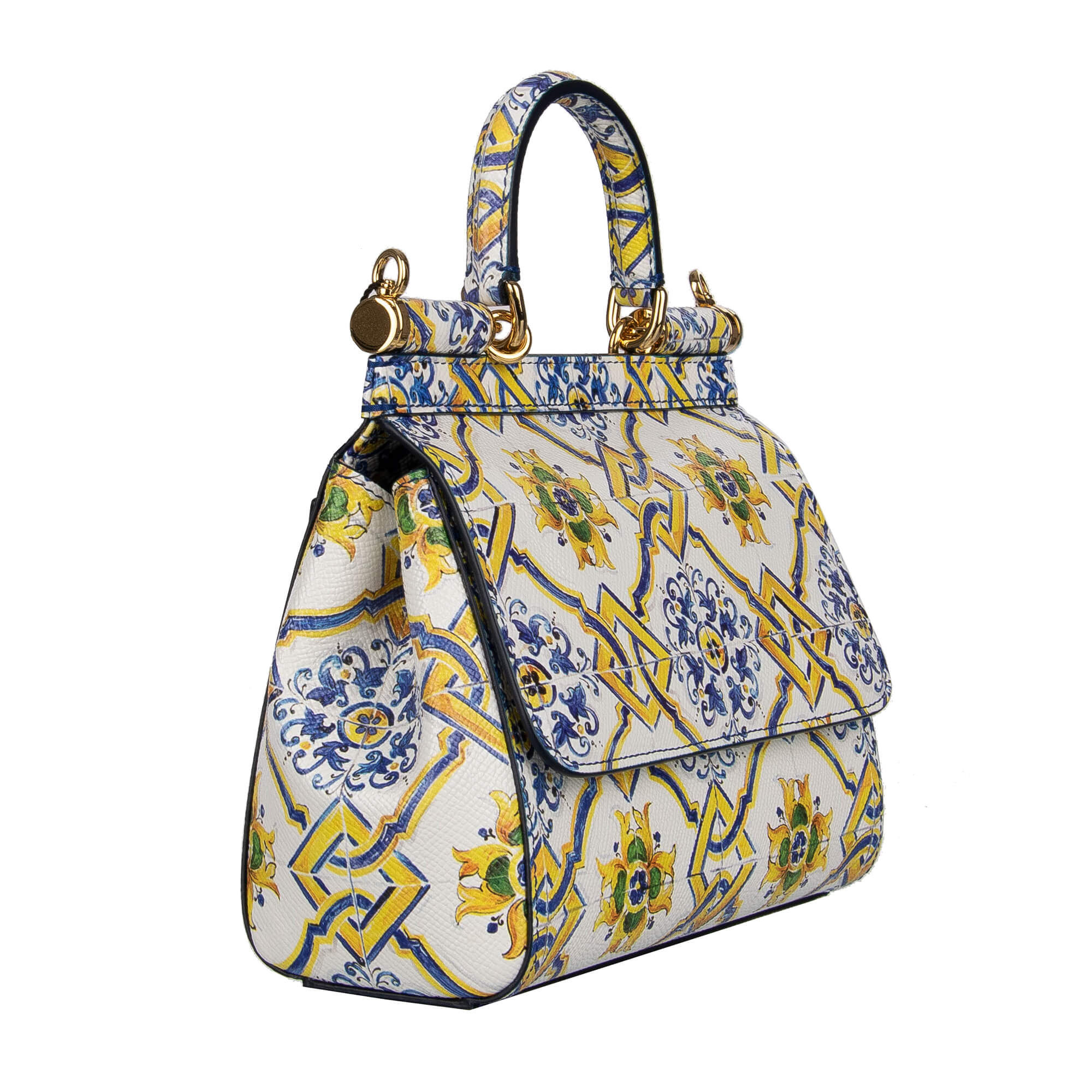 Hand- / Schultertasche SICILY Mini aus Dauphine Leder mit Majolika Print und Logo Schild von DOLCE & GABBANA