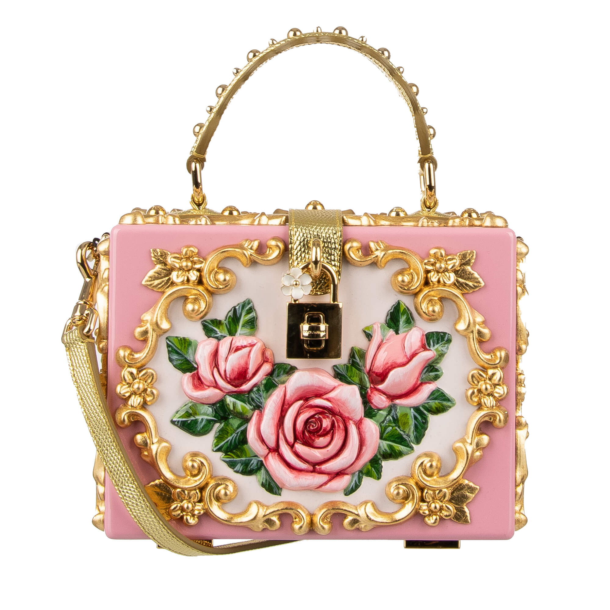 Ceramic vases inspired, hand-painted Top Handle Clutch Bag / Handbag DOLCE BOX made of wood with embossed roses and studs and decorative padlock with enamel flower by DOLCE & GABBANA