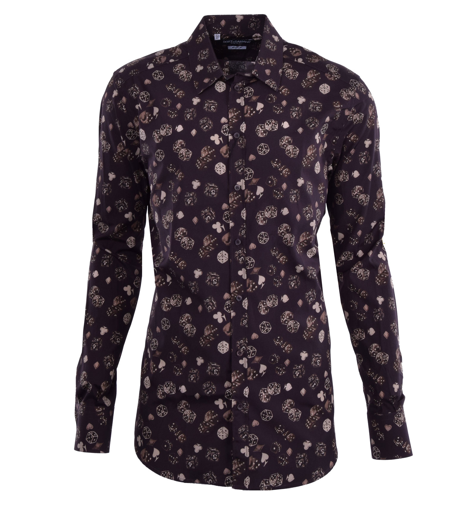 Cotton Shirt GOLD with Cards and Dices Print Brown 37 14.5 2XS