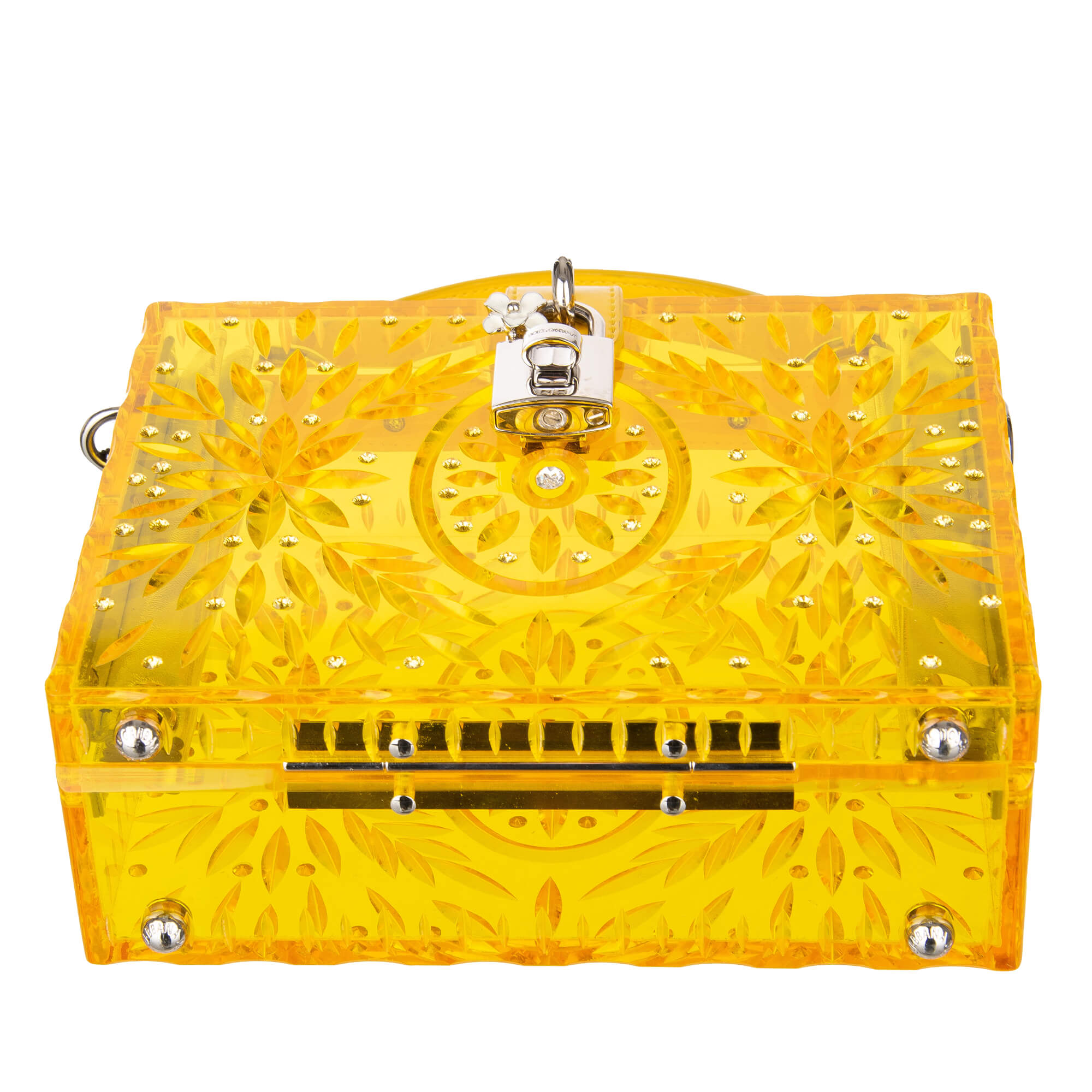 Crystals embellished transparent plexiglas bag / shoulder bag / clutch Cinderella DOLCE BOX with floral texture and decorative padlock with flower by DOLCE & GABBANA