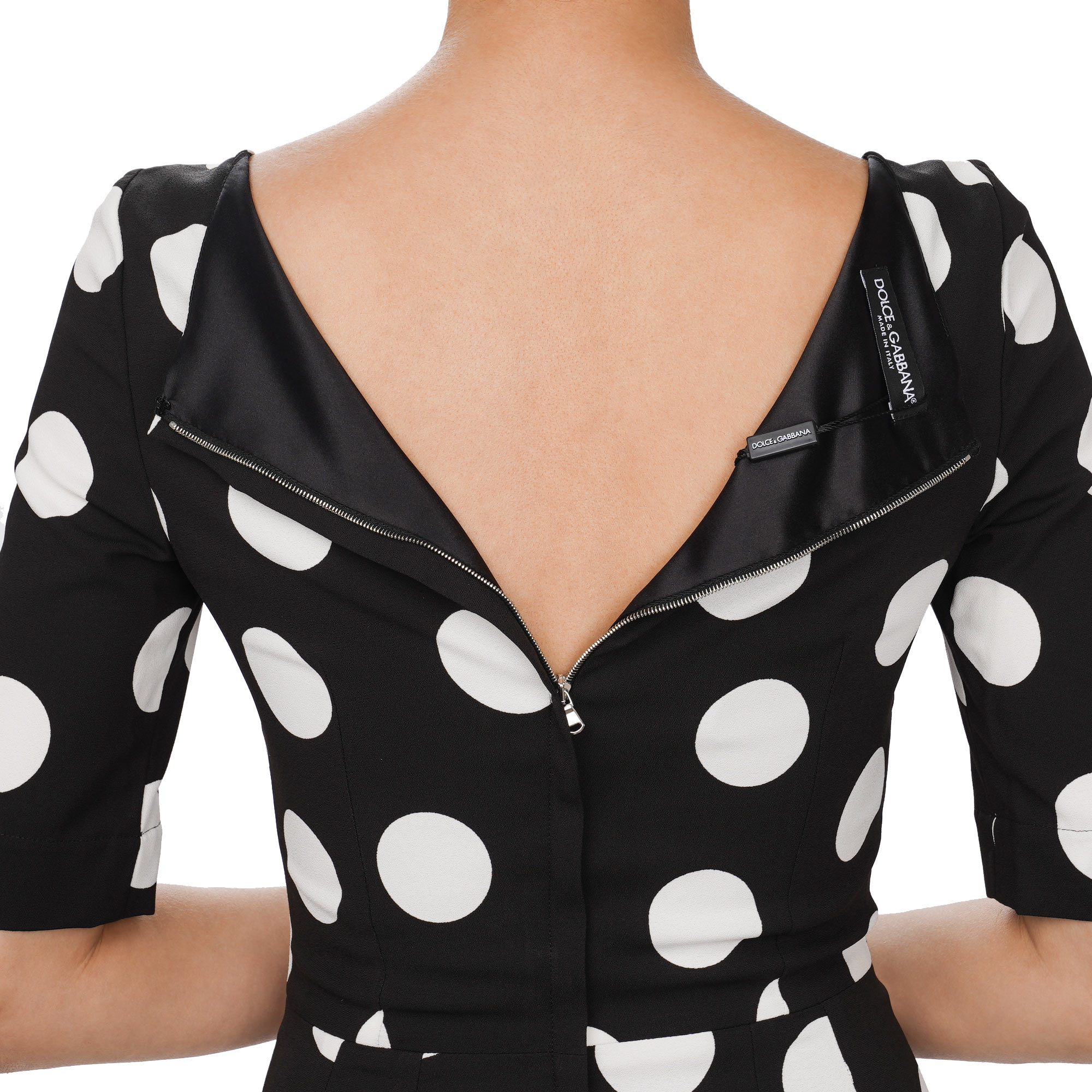 Charmeuse Sheath macro Polka Dot pattern dress in white and black by DOLCE & GABBANA