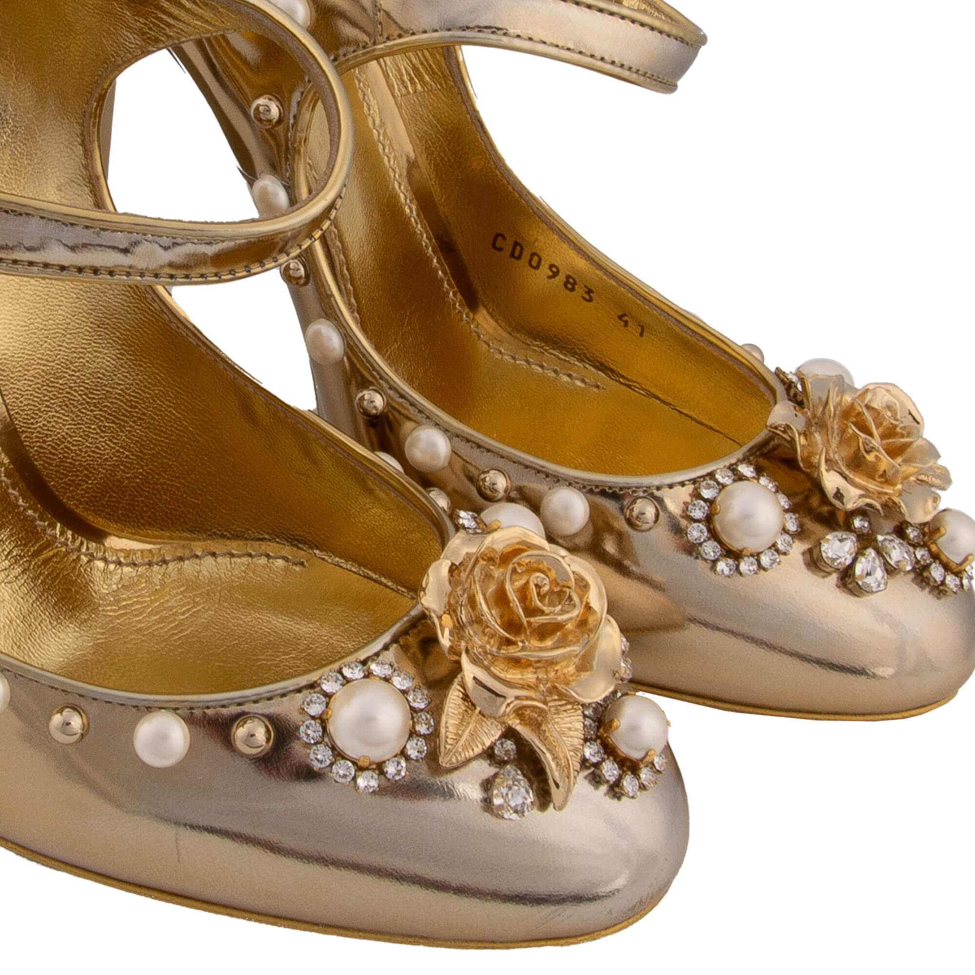 Patent leather Mary Jane Pumps VALLY with crystal pearls, elastic button closure and rose in gold by DOLCE & GABBANA