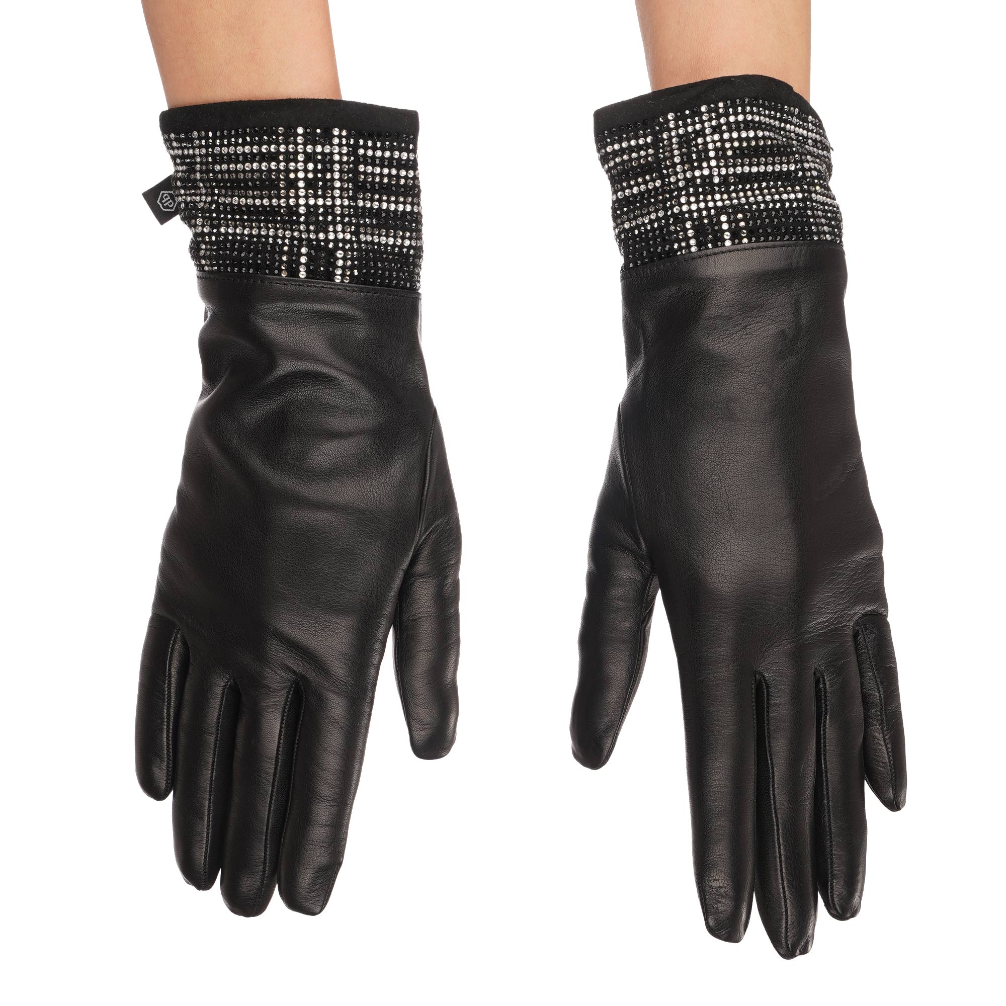 Winter Picnic Crystal Leather Cashmere Gloves Black 6.5
