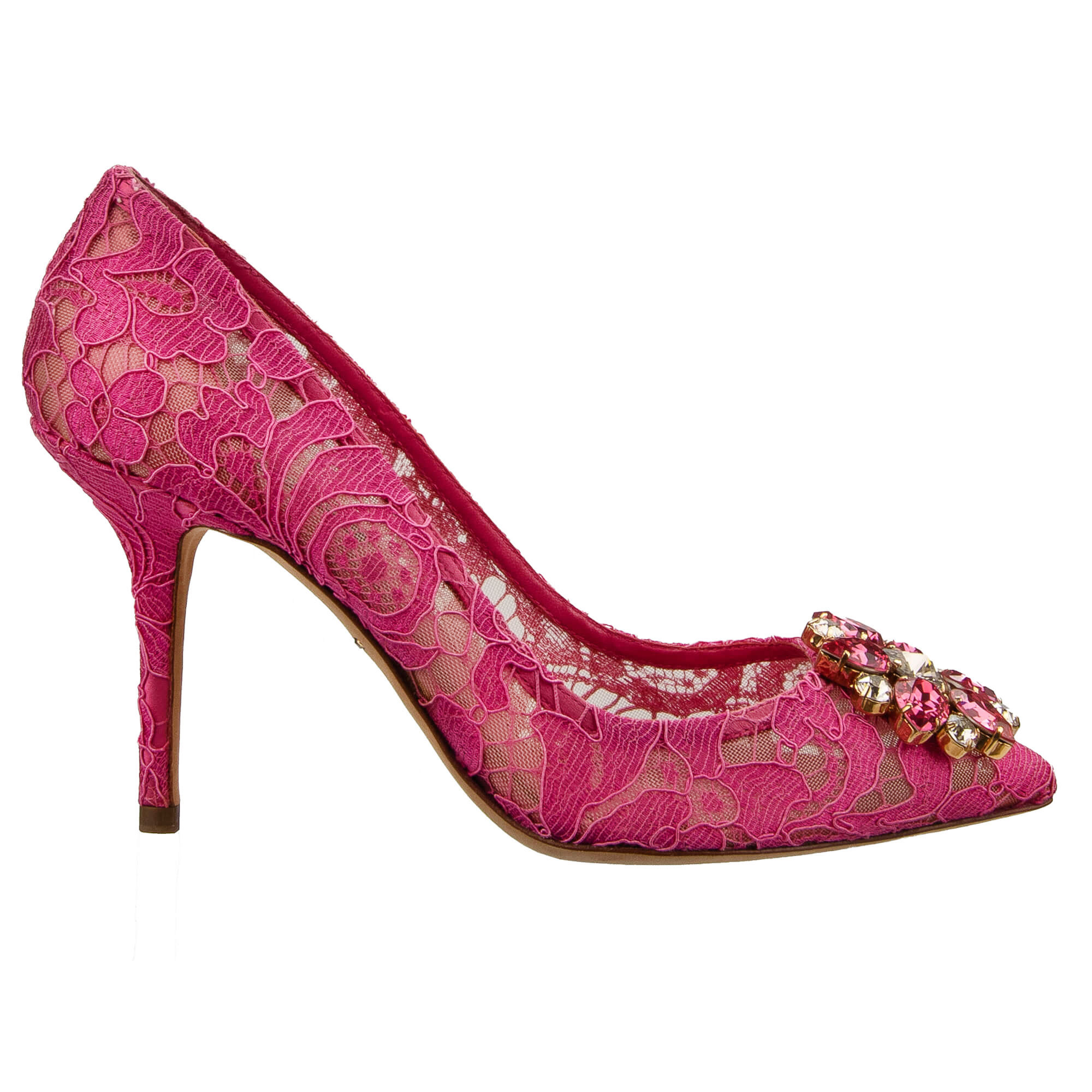 Spitzform Pumps BELLUCCI mit Kristallen Brosche aus Taormina Spitze in Pink von DOLCE & GABBANA