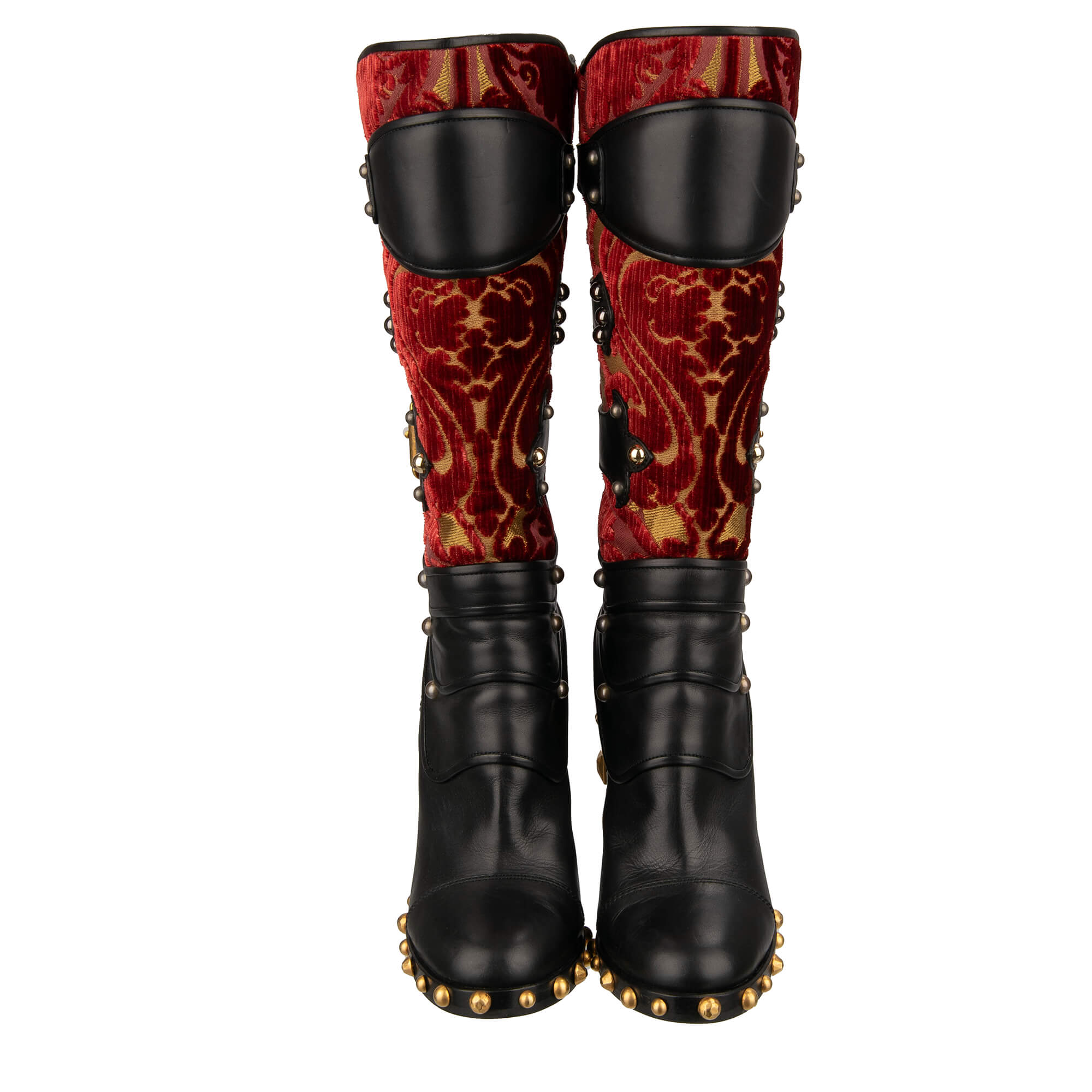 Stiefel BIKER aus Samt, Barock Jacquard und Leder mit Nieten in Schwarz, Ror und Lila von DOLCE & GABBANA
