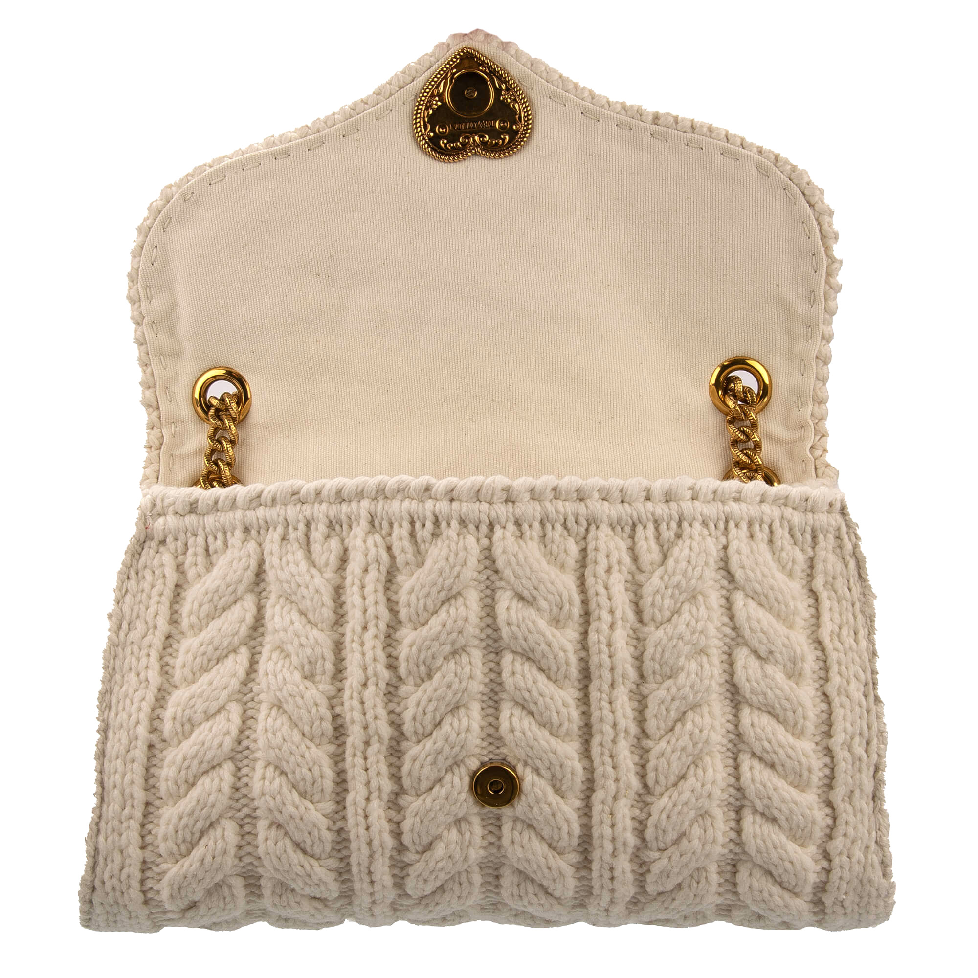 Gestrickte Wolle Crochet Crossbody Tasche / Schultertasche DEVOTION Large mit Schmuckherz Verschluss mit DG Logo und Kettenriemen von DOLCE & GABBANA