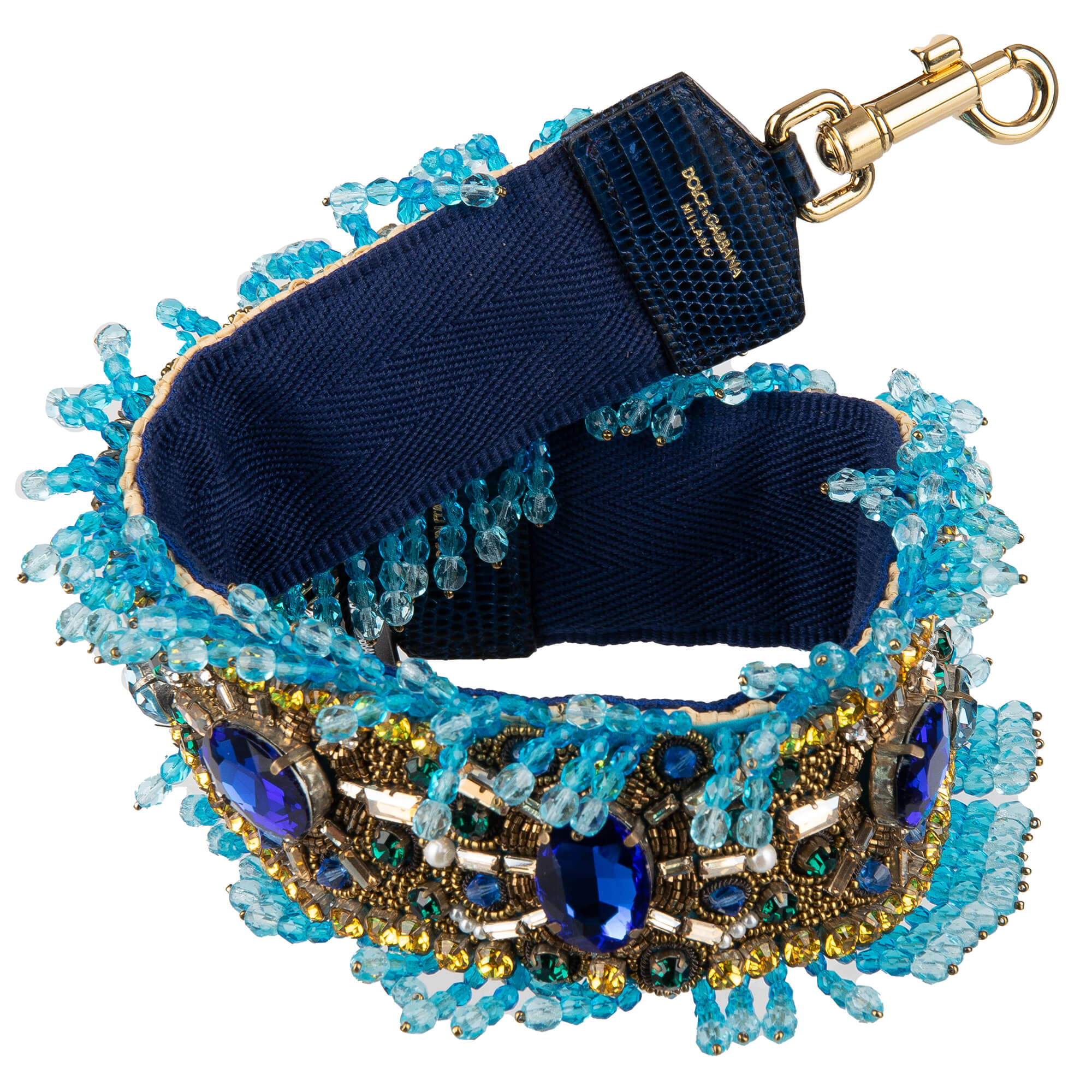 Schulterriemen für Tasche aus Baumwolle und Raffia in Blau und Gold verziert mit Perlen und Kristallen Handstickerei von DOLCE & GABBANA
