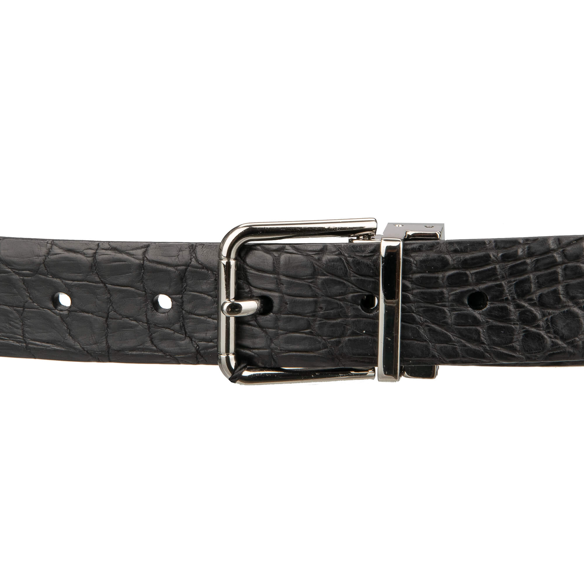 Classic crocodile leather belt with silver metal buckle in black by DOLCE & GABBANA
