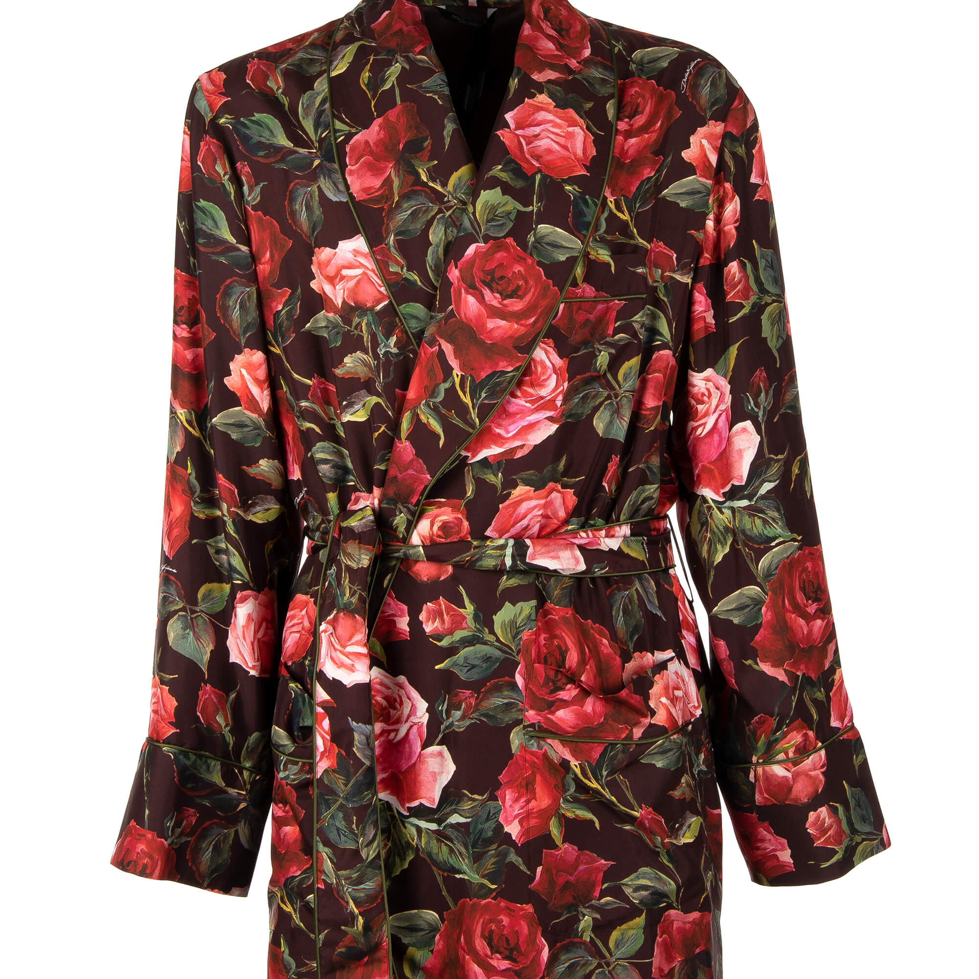 Silk Coat / Robe with roses print and large shawl collar in red, green and bordeaux by DOLCE & GABBANA
