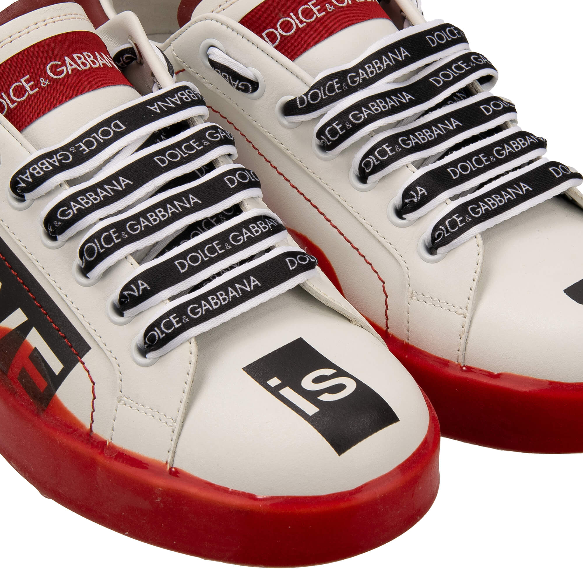 Lace Sneaker PORTOFINO with DG logo and LOVE IS LOVE print in white and red by DOLCE & GABBANA