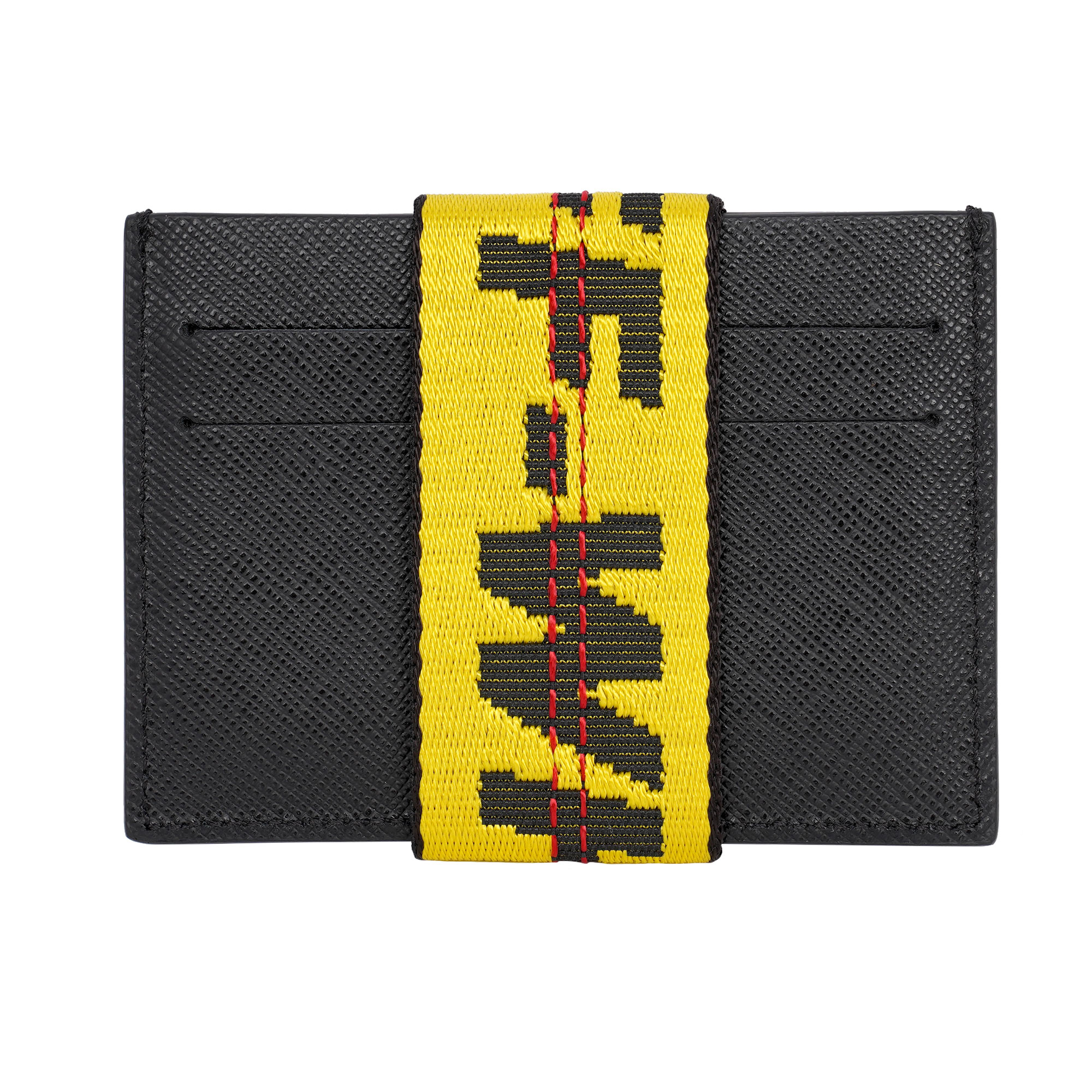 Saffiano Leder Karten Portemonnaie / Geldbörse mit Logo Strap in Schwarz und Gelb von OFF-WHITE c/o VIRGIL ABLOH