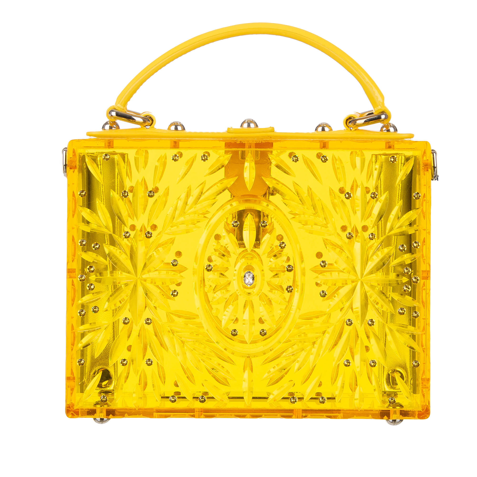 Crystals embellished transparent plexiglas bag / shoulder bag / clutch Cinderella DOLCE BOX with floral texture and decorative padlock with flower by DOLCE & GABBANA