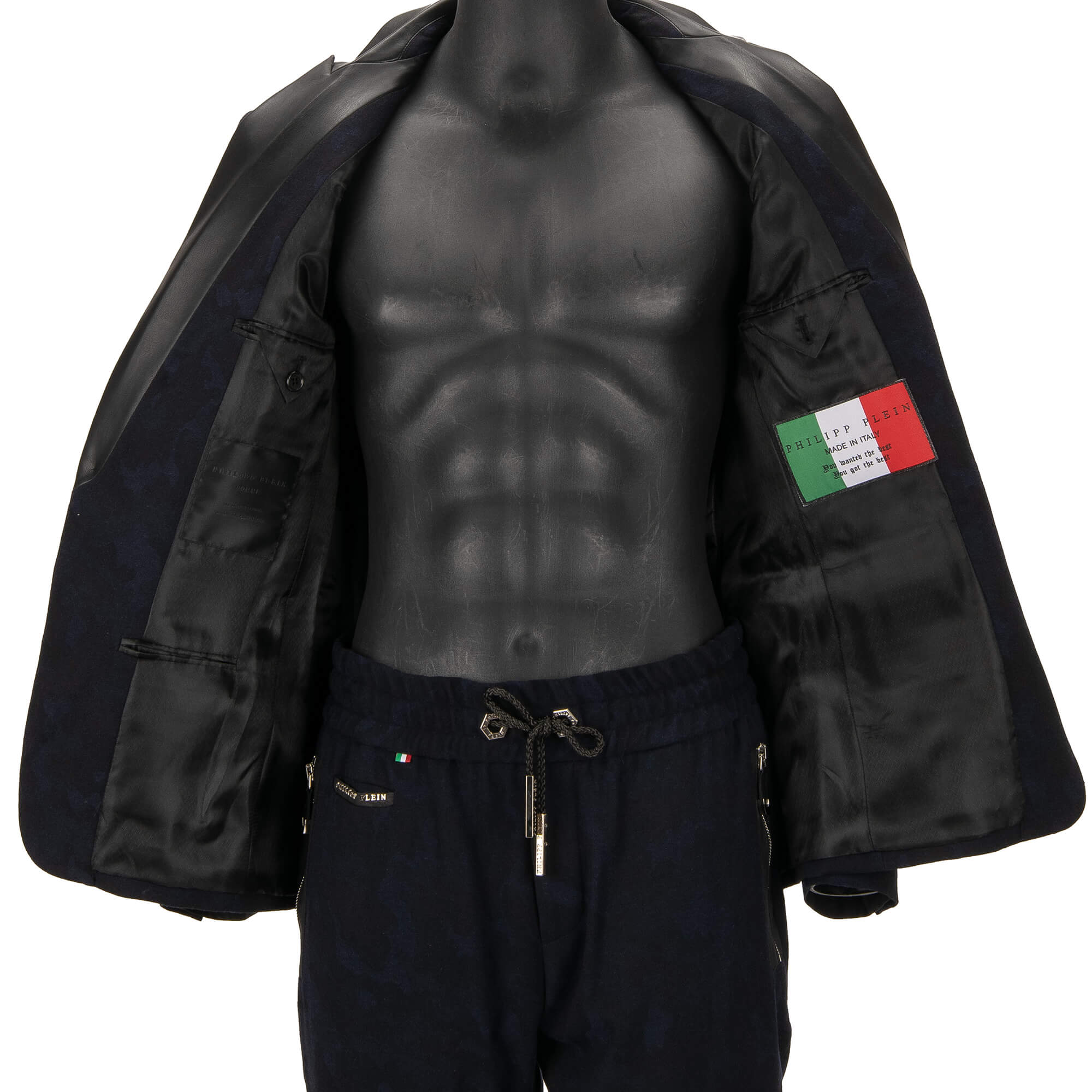 2 Teile Anzug aus Schurwolle Mischung mit Camouflage Muster, Kunsleder Elementen, PP Metall Logo und spitzem Revers in Schwarz und Blau von PHILIPP PLEIN