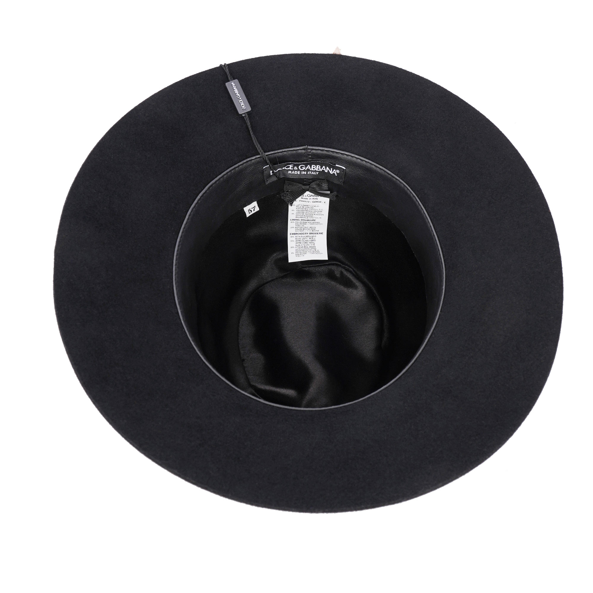 Rabbit fur Fedora Hat with AMOR GIGNIT AMOREM pearl embroidered silk ribbon by DOLCE & GABBANA 