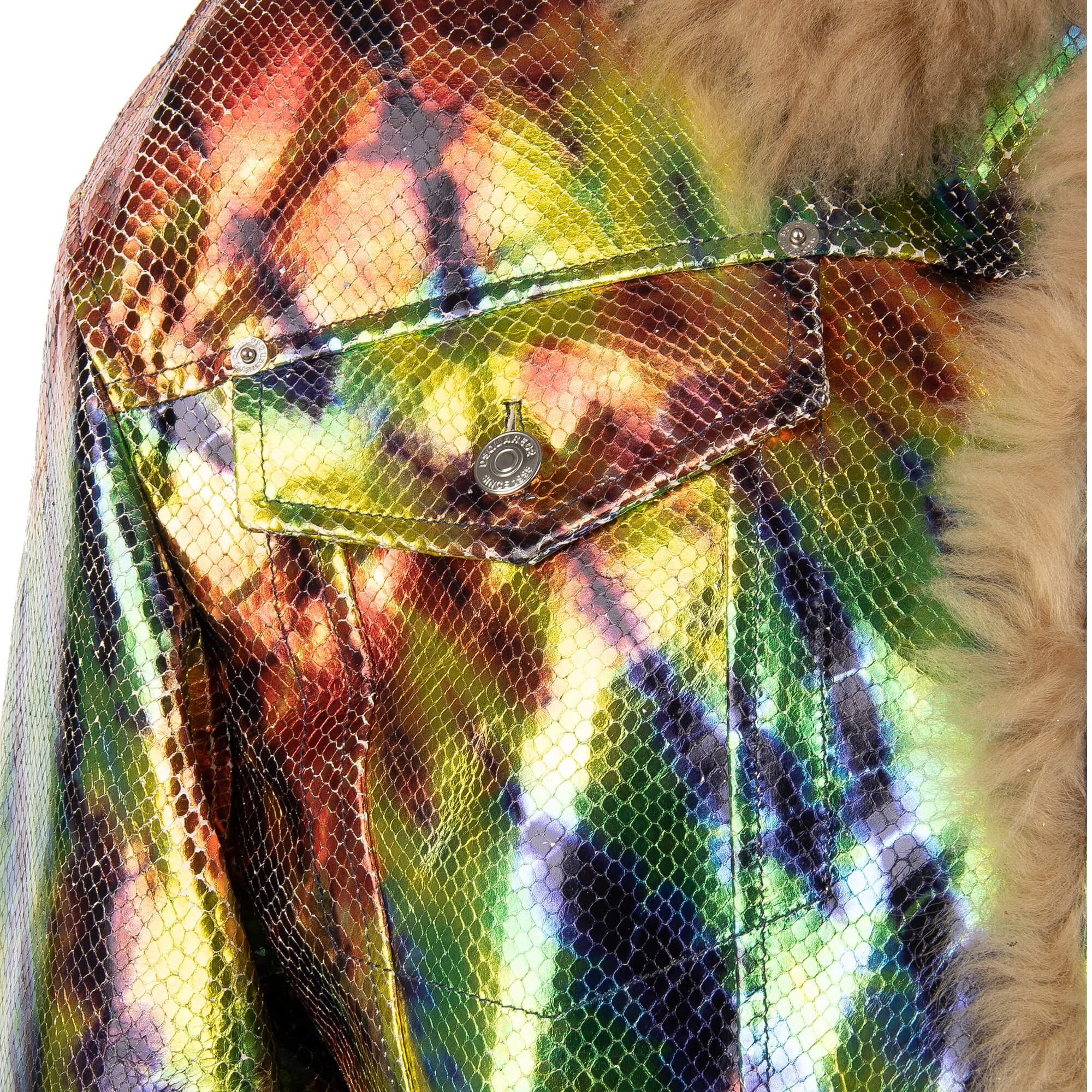 Jacke / Parka aus Leder und Pelz mit Perlen Stickerei in Rot, Schwarz und Grün von DSQUARED