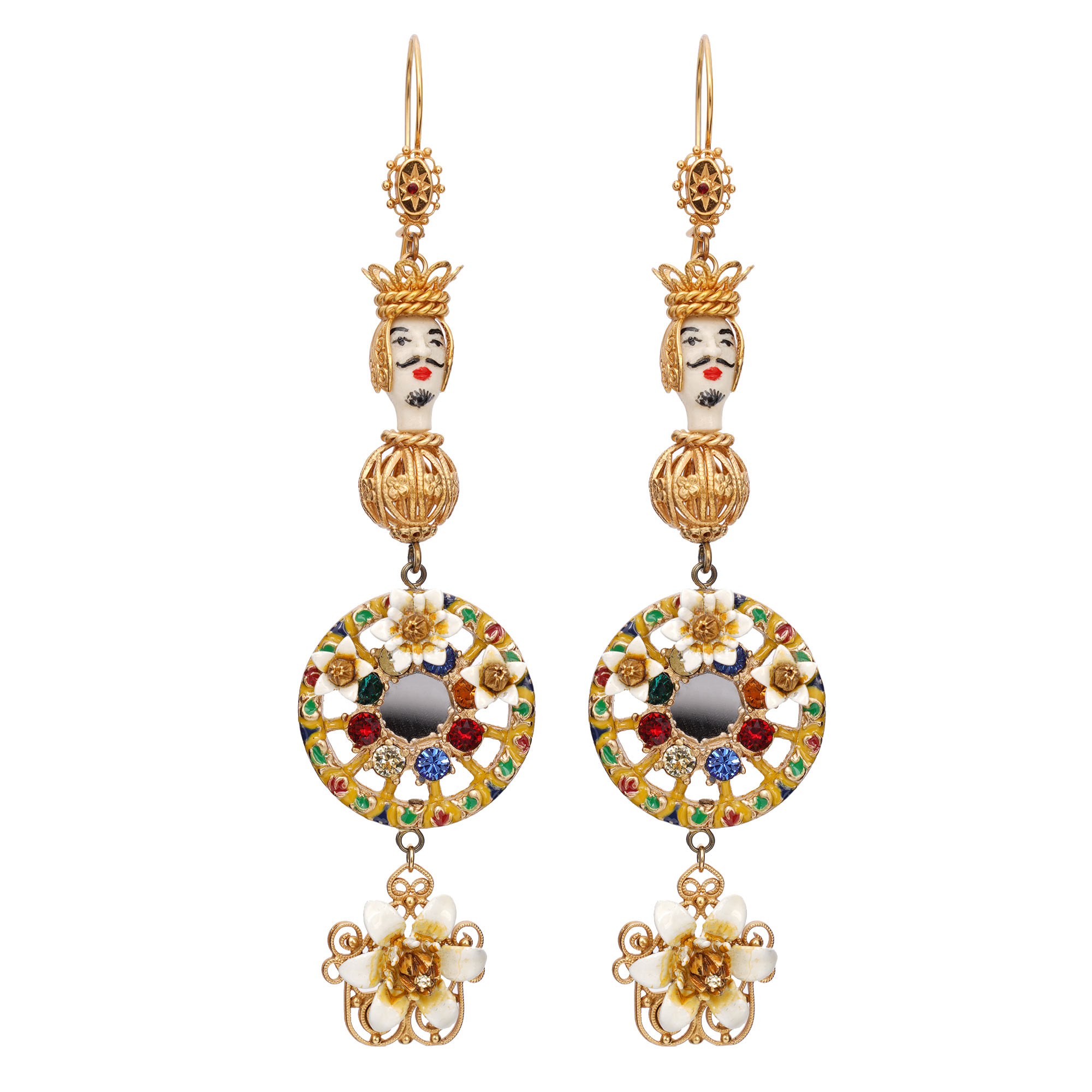 Carretto Sicilia Flower Crystal Filigree Earrings Blue Gold 