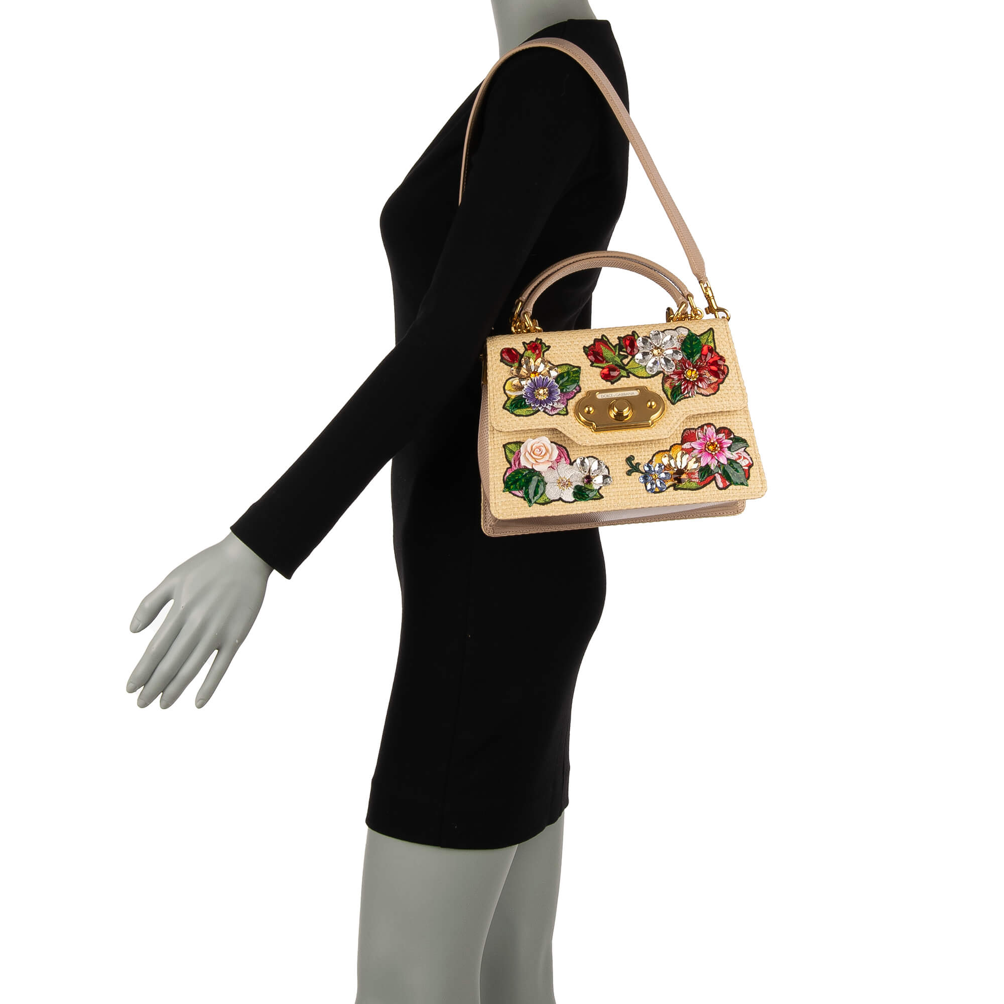 Handtasche / Schultertasche WELCOME Medium aus gewebter Raffia und Leder mit Iguana Textur mit Blumen Stickerei und Kristallen von DOLCE & GABBANA