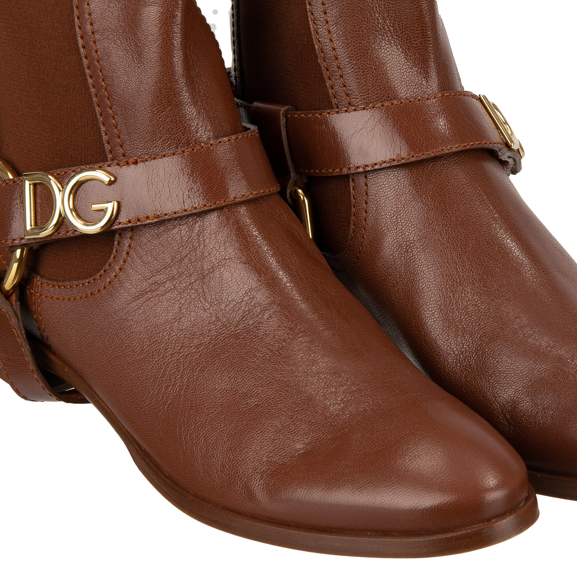 Leder Stiefelette / Boots NAPOLI mit DG Logo Schnallen in Gold und Braun von DOLCE & GABBANA