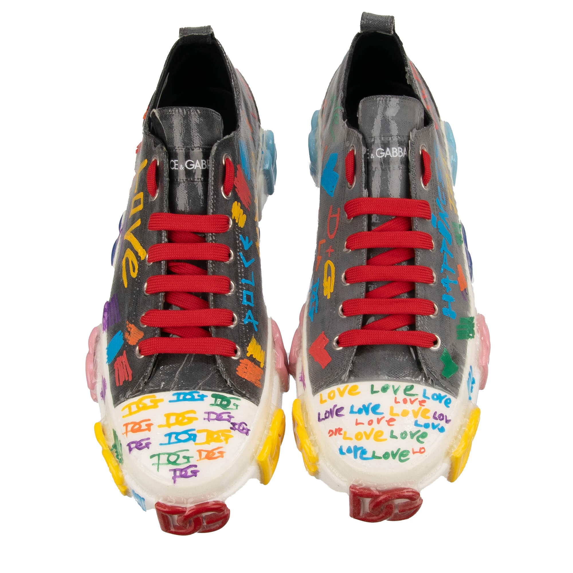 Graffiti Herren Low Top Stoff und Leder Sneaker PORTOFINO mit DG Gold Logo und Plastik Folie Design in Grau und Weiß von DOLCE & GABBANA