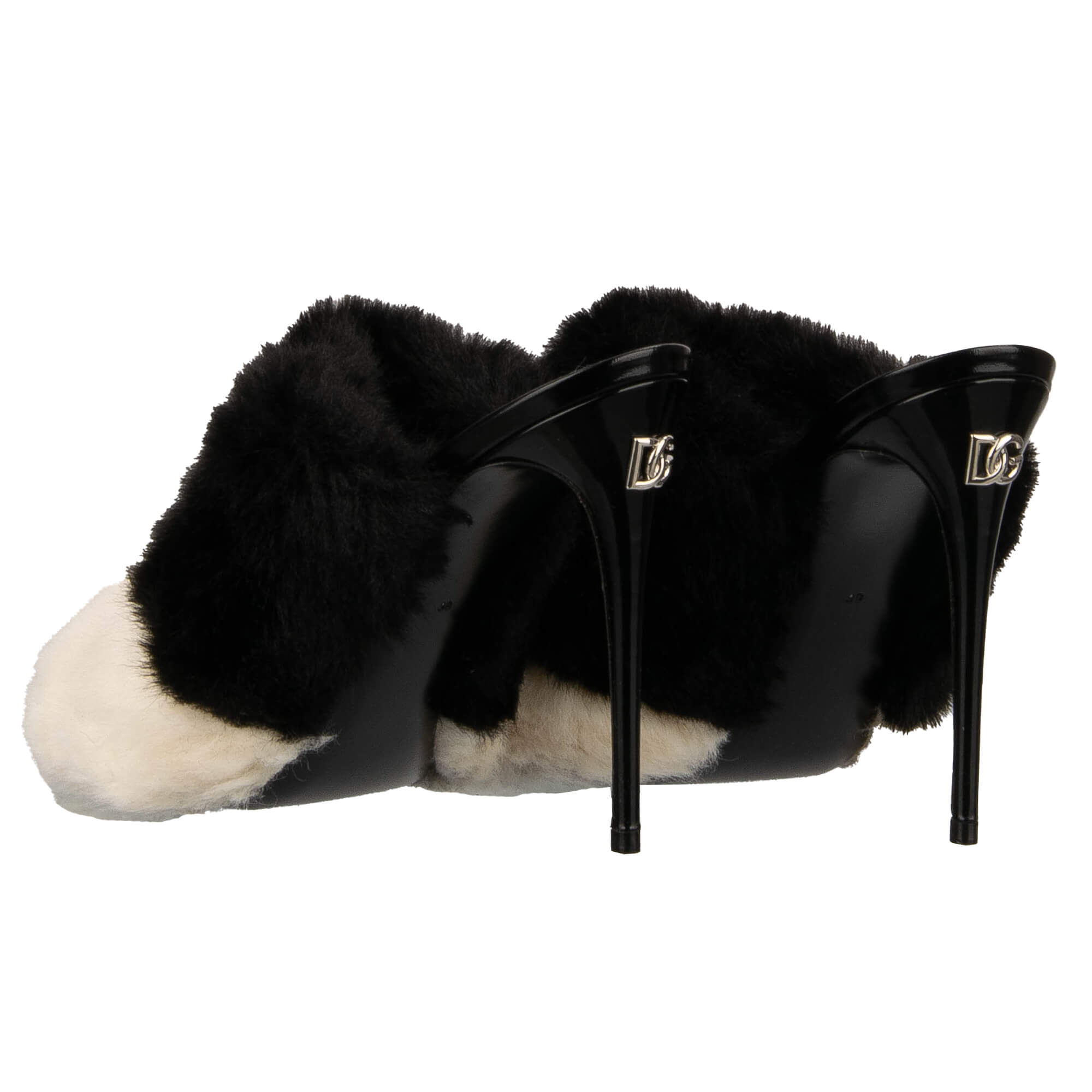 Leder und Kunstpelz Pumps Sandalen KEIRA mit DG silber metal Logo in Schwarz und Beige von DOLCE & GABBANA