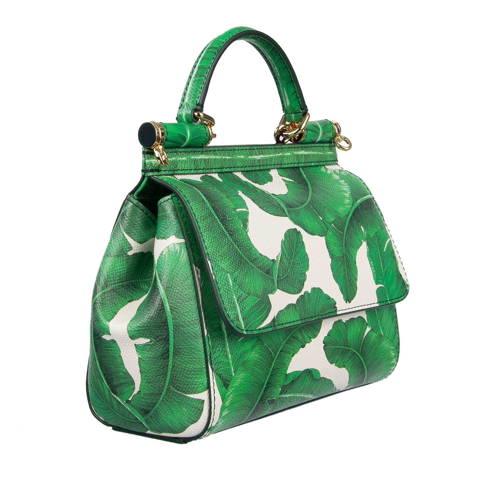 Hand- / Schultertasche SICILY Mini aus Dauphine Leder mit Bananenblätter / Palmen Print und Logo Schild von DOLCE & GABBANA