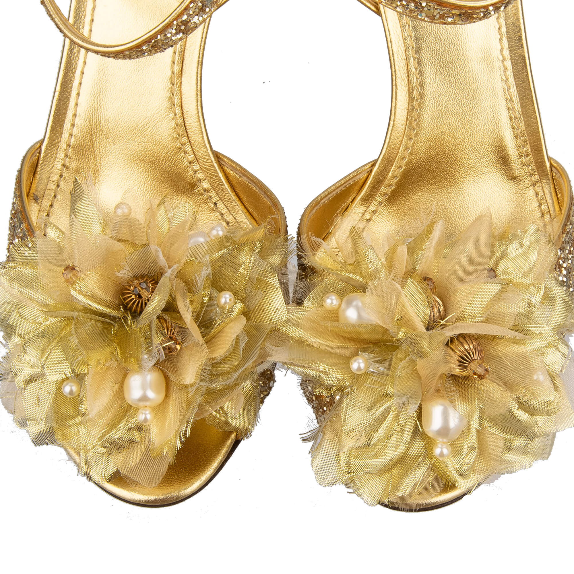 Glitzer Sandalen BIANCA mit Kristallen Perlen Blume Brosche in Gold von DOLCE & GABBANA 