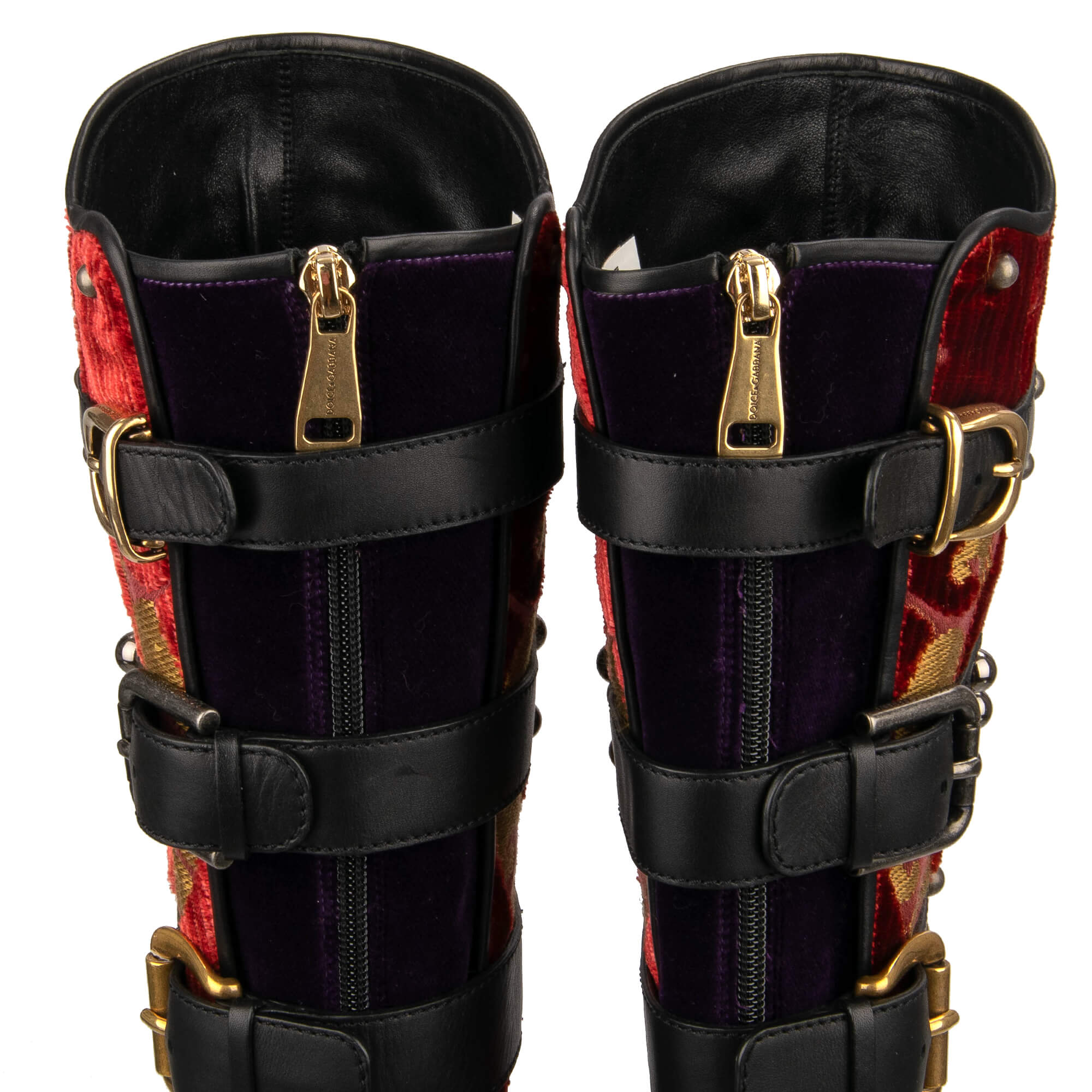 Stiefel BIKER aus Samt, Barock Jacquard und Leder mit Nieten in Schwarz, Ror und Lila von DOLCE & GABBANA