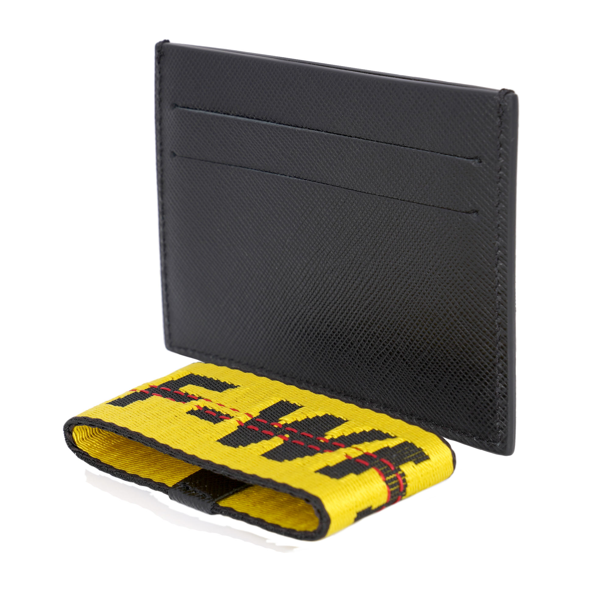 Saffiano Leder Karten Portemonnaie / Geldbörse mit Logo Strap in Schwarz und Gelb von OFF-WHITE c/o VIRGIL ABLOH