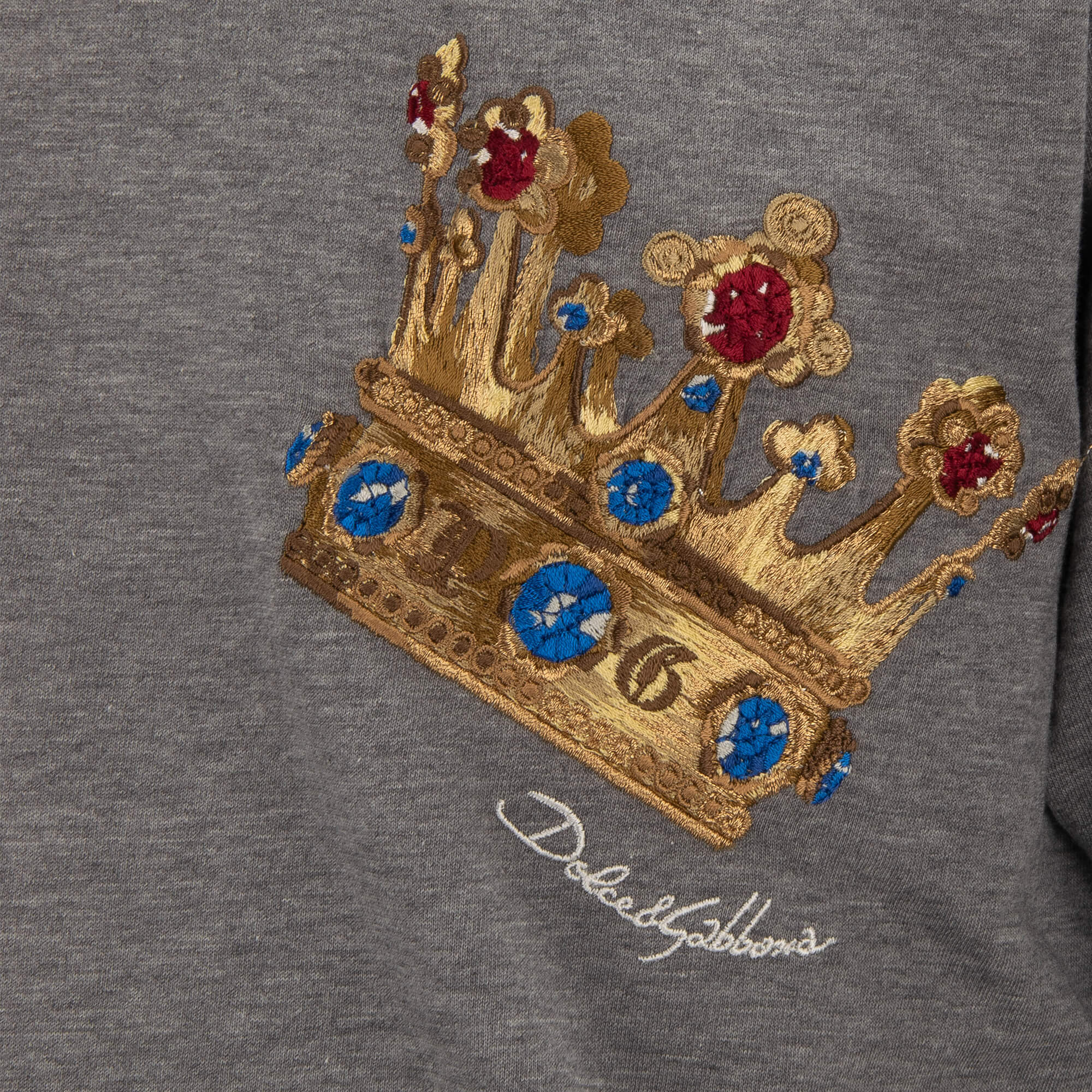 Cotton T-Shirt with baroque crown embroidery, ripped details in gray by DOLCE & GABBANA