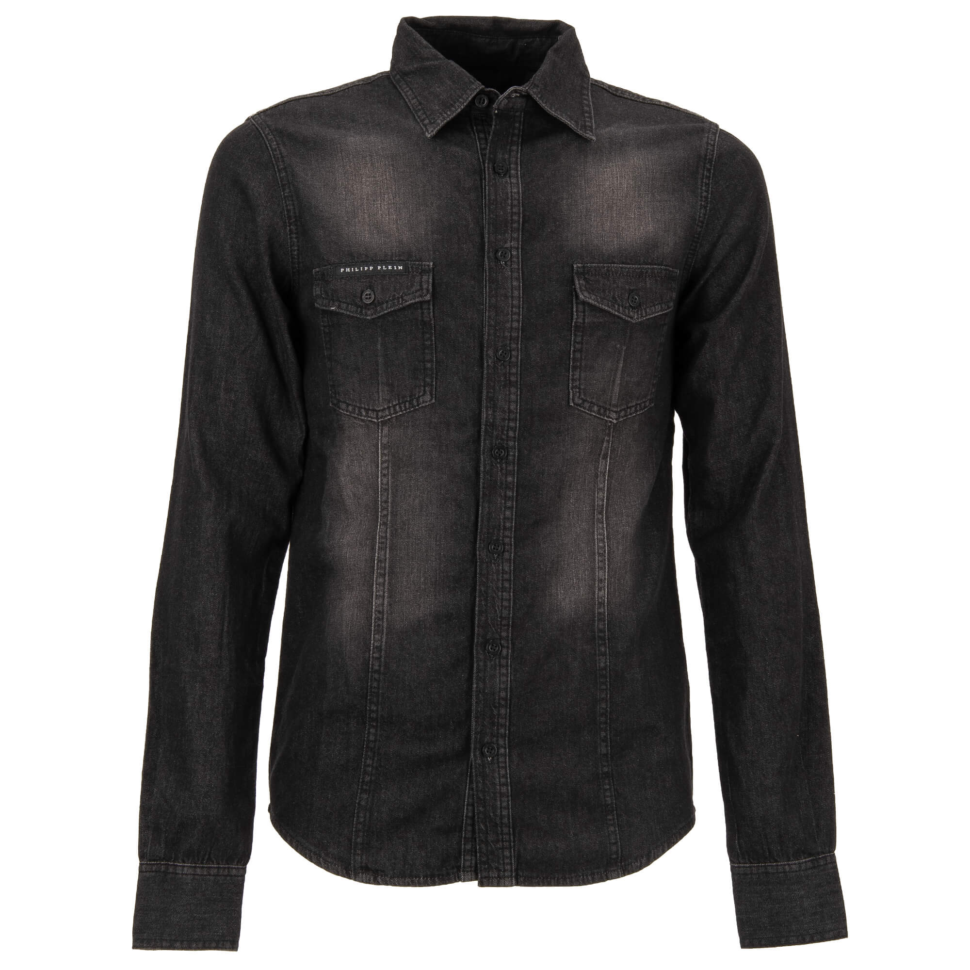 MARLON Jeans / Denim Hemd mit Kristall Perlen Skull und zwei Taschen vorne in Grau / Schwarz von PHILIPP PLEIN