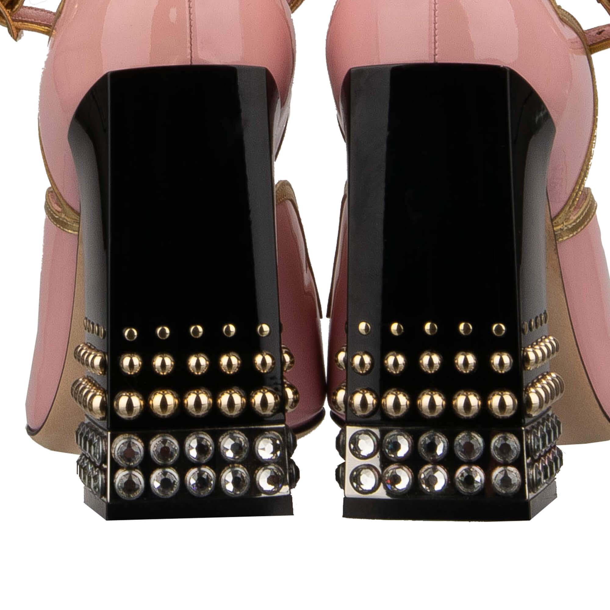 Patent Leather High Heel Sandals BETTE with crystal, pearl embellished heel and snake strap closure by DOLCE & GABBANA