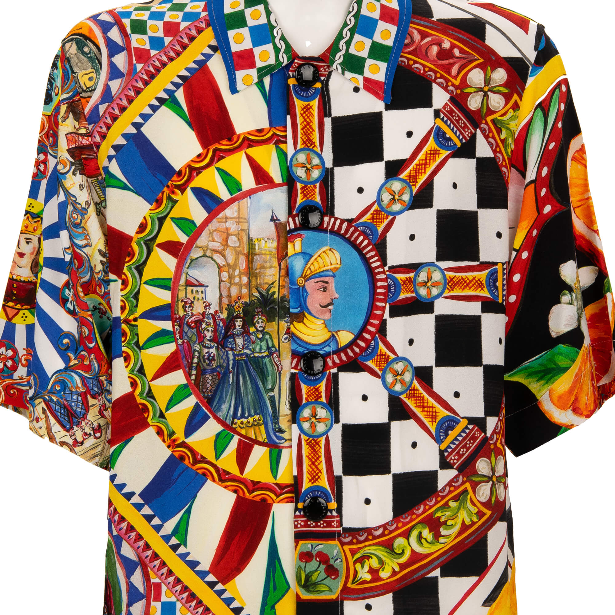 Oversize viscose shirt with Carretto Siciliano print and press button closure in red, blue, yellow and white by DOLCE & GABBANA