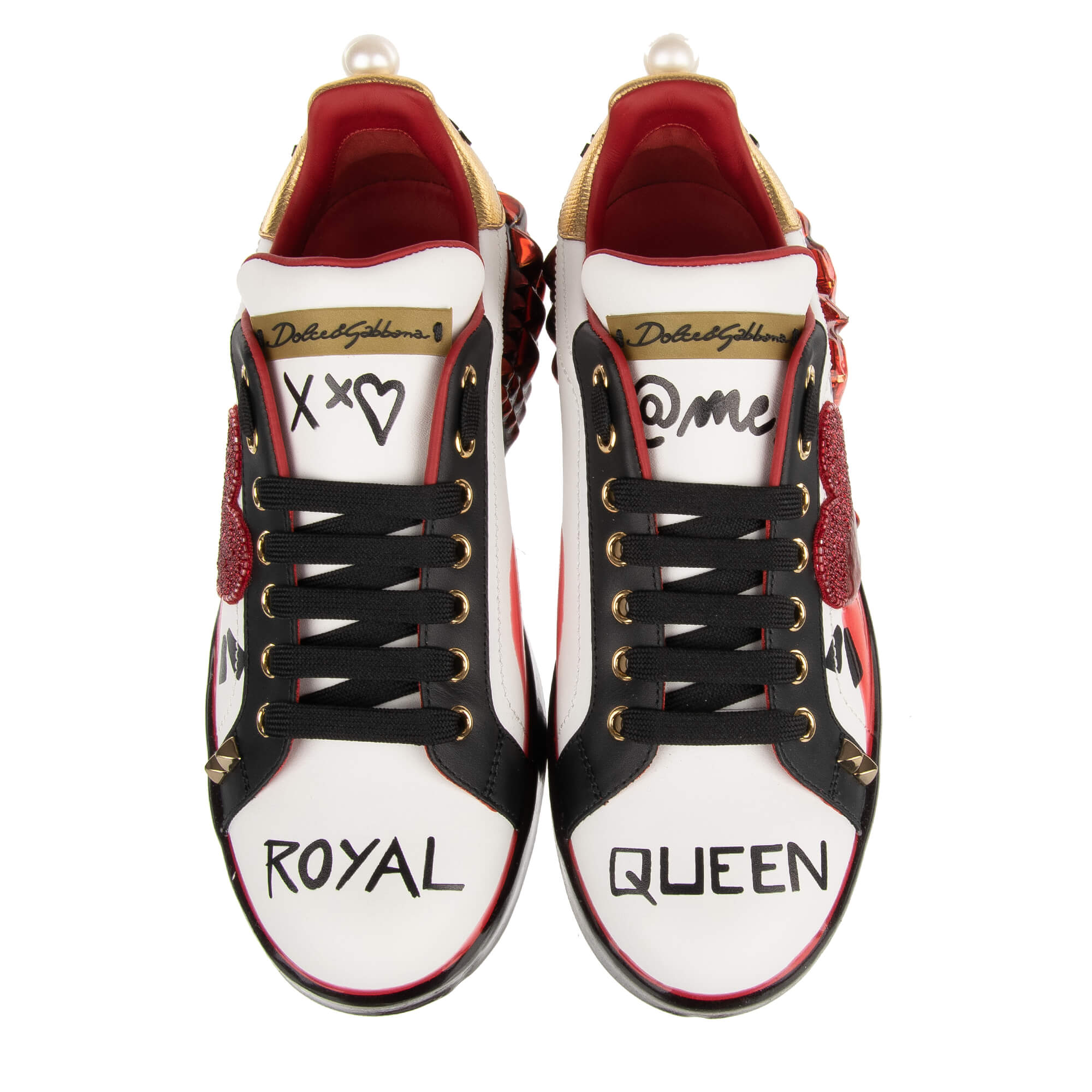 Leather Sneaker PORTOFINO with Pearls heart, studs, crystals, Royal Queen Graffiti and pearl on the back in black, gold, red and white by DOLCE & GABBANA