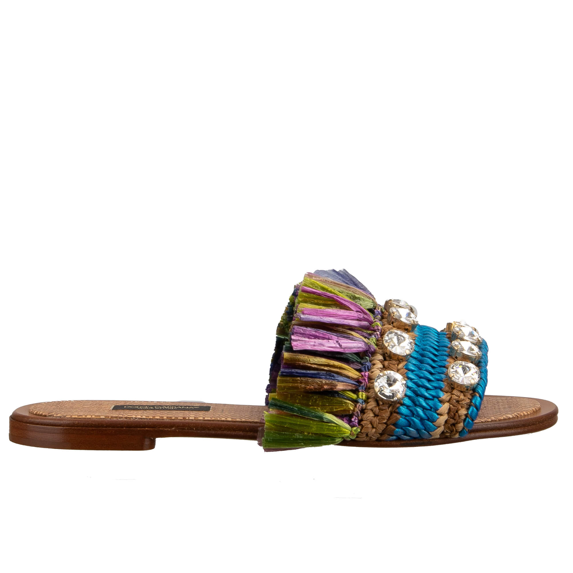 Slide Sandalen aus Raffia und Leder mit Kristallen von DOLCE & GABBANA